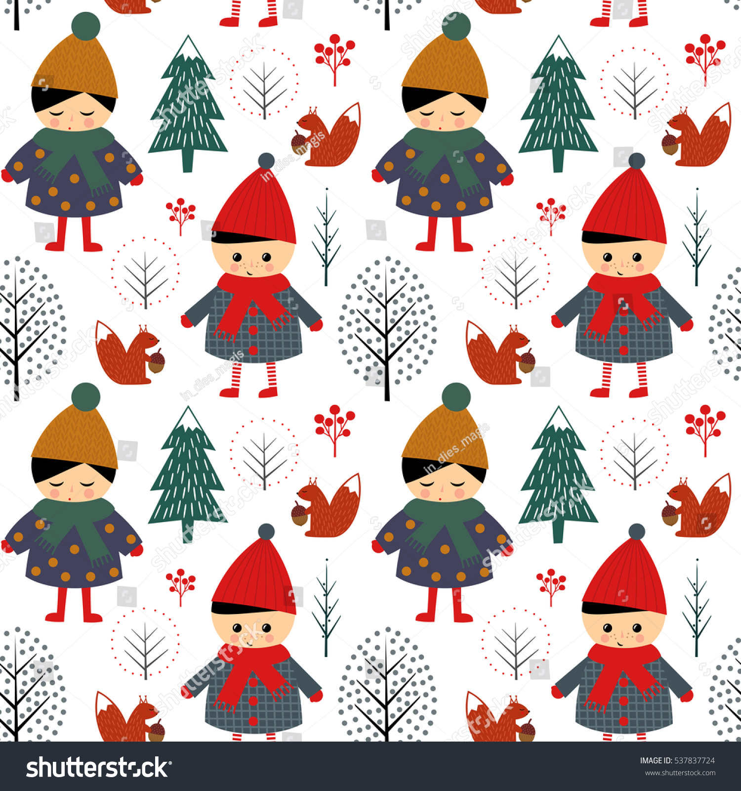 Cute boy and girl walking in winter forest seamless pattern on white background. Christmas scandinavian style nature illustration. Winter forest with children design for textile  wallpaper  fabric.
