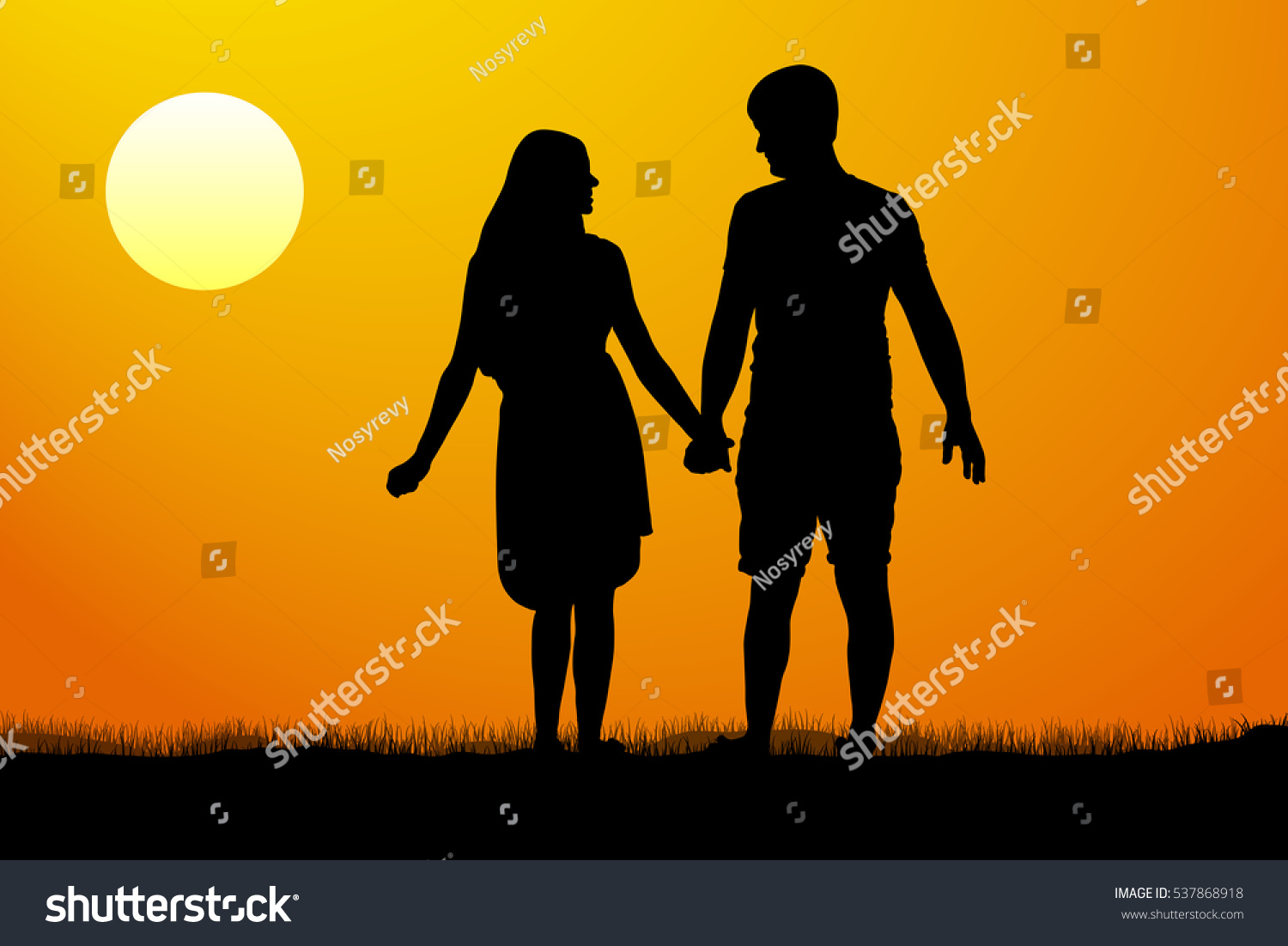 Silhouettes of men and women standing and holding hands at sunset. Vector illustration