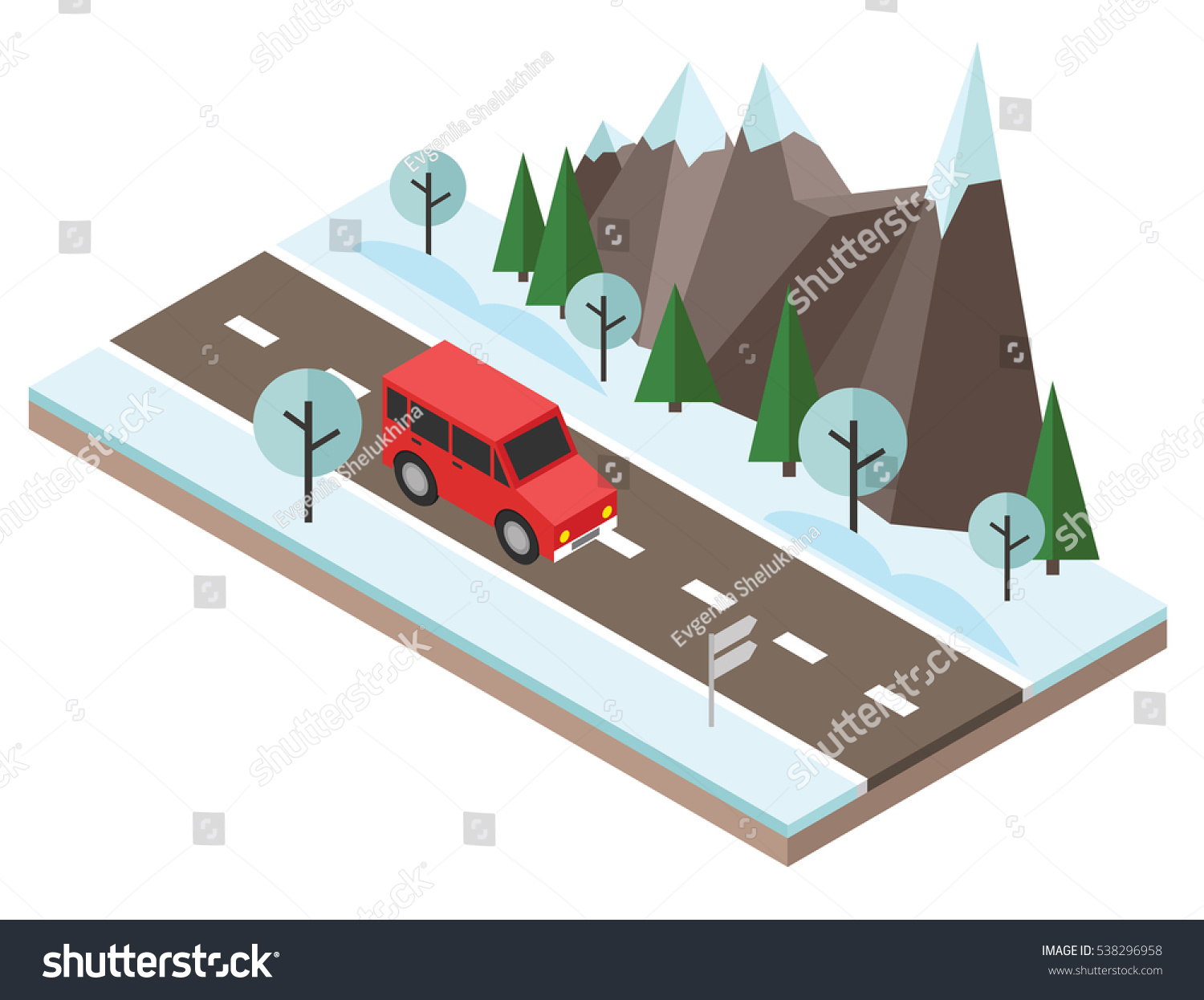 Isometric countryside. Winter road. Car goes through rocks and trees