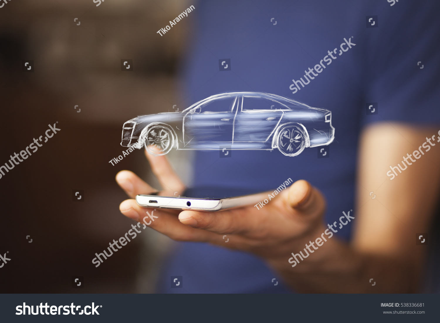 Businessman hand phone and car on white background