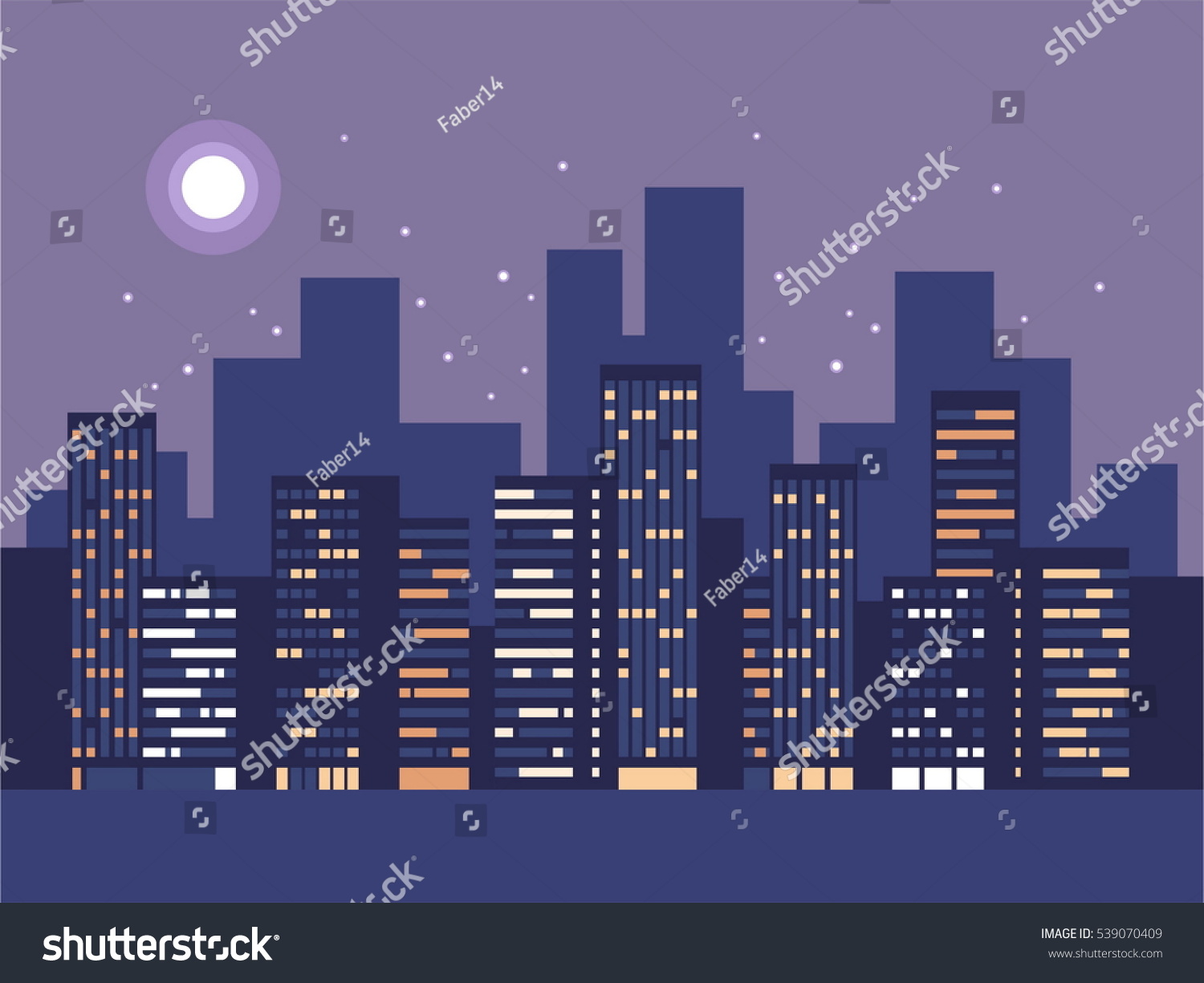 Night city background. Silhouette with stars and moon at the sky. Vector illustration.