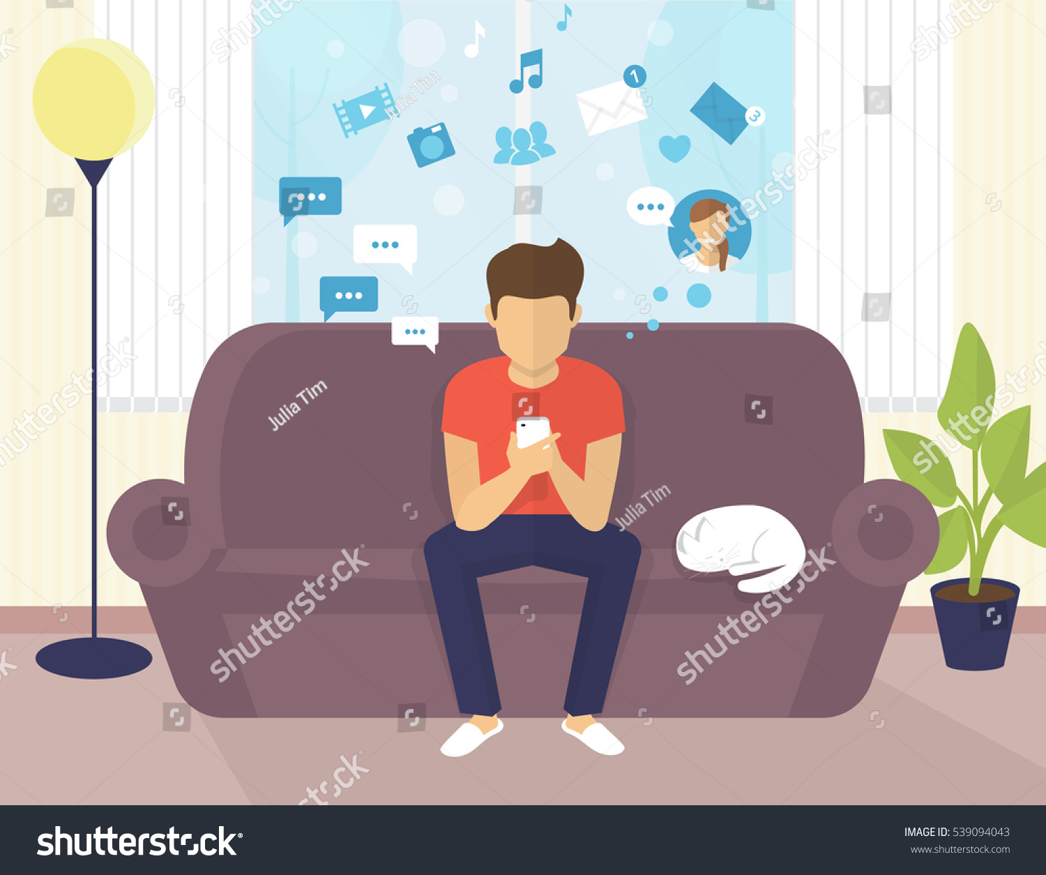 Young man sitting on the sofa at home interior and working with laptop. Flat modern illustration of young student chatting in social networking and texting to friends