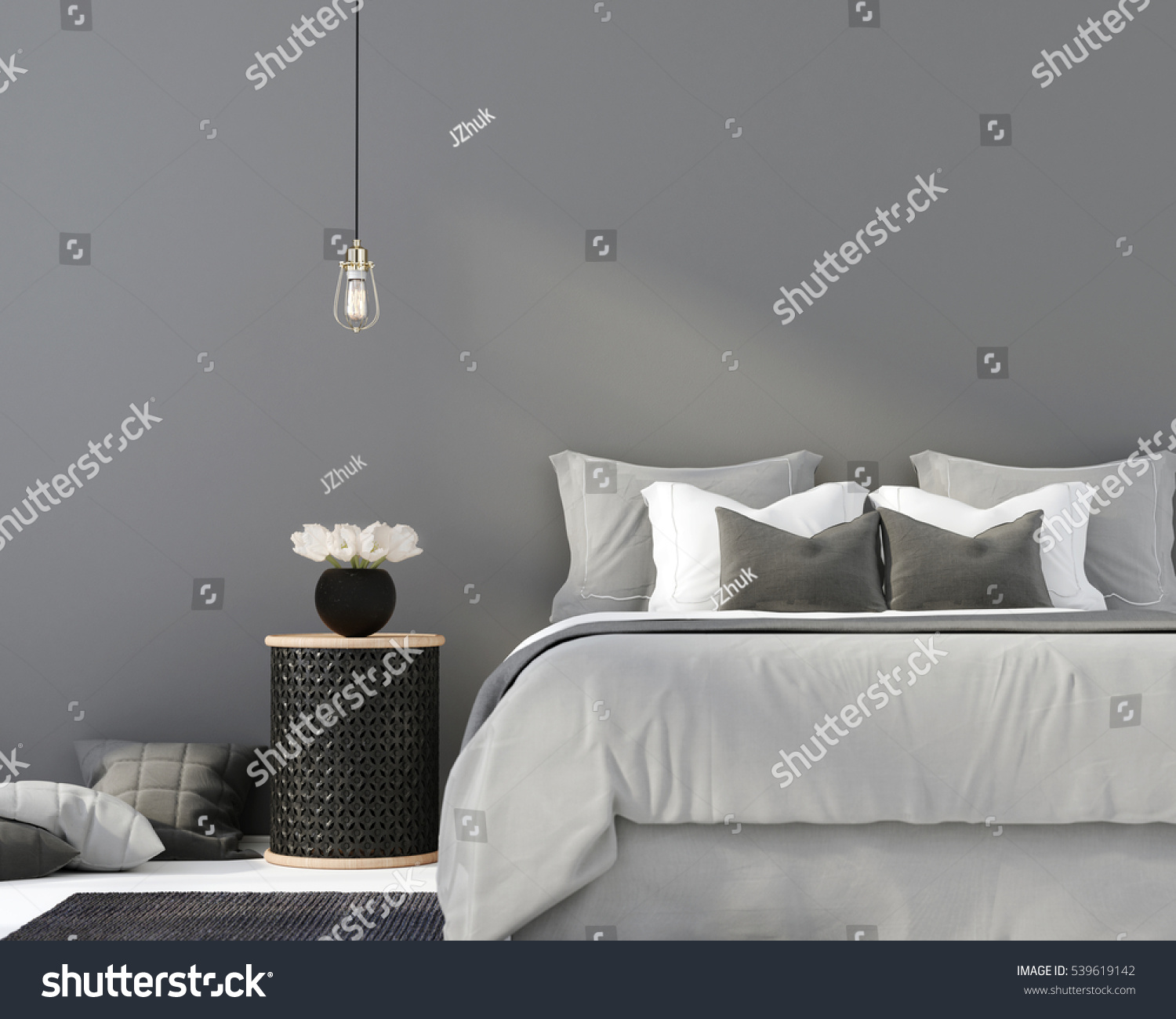 3D illustration. The interior of gray bedroom with a wooden table