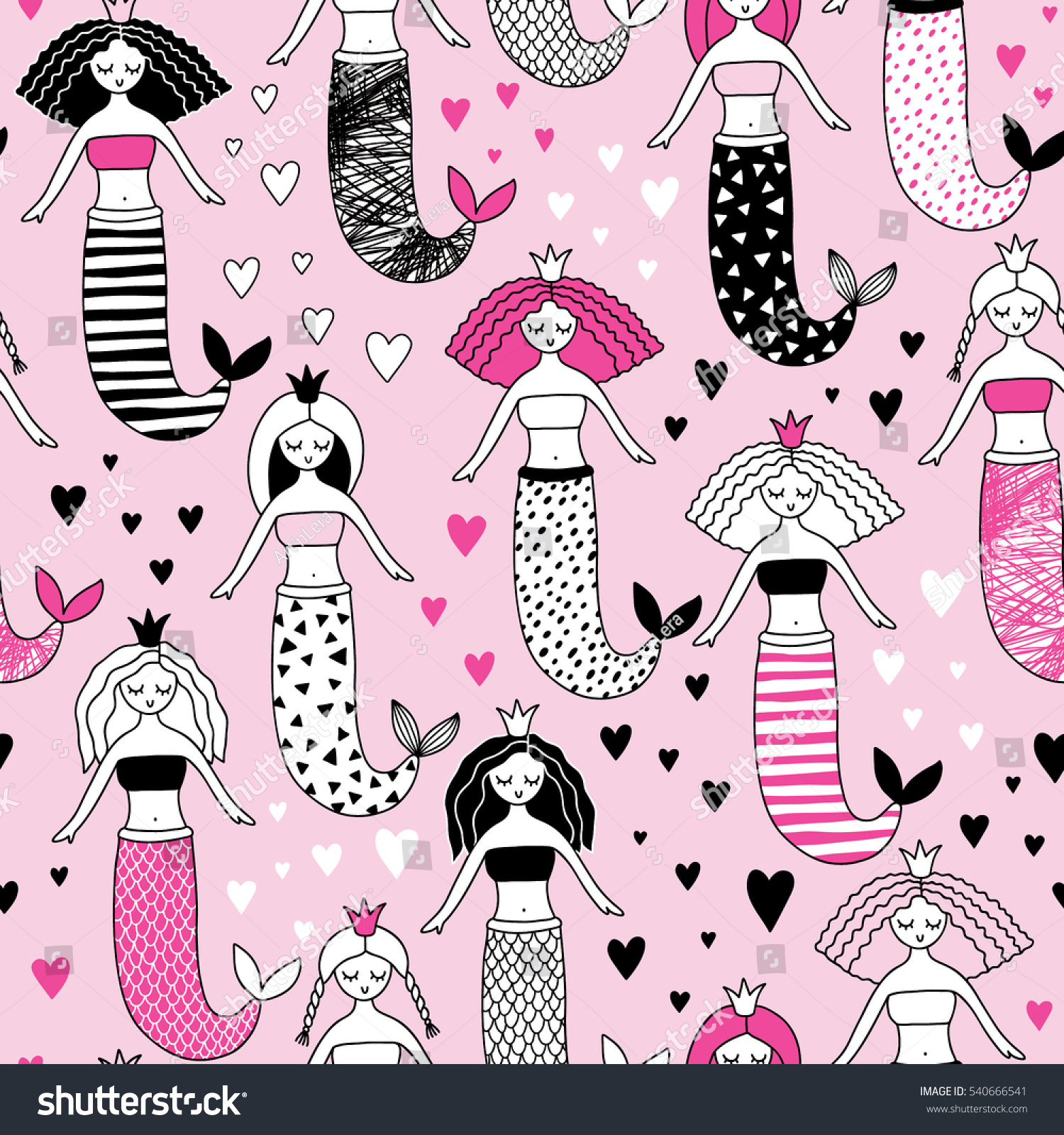 cute hand-drawn seamless pattern with mermaid