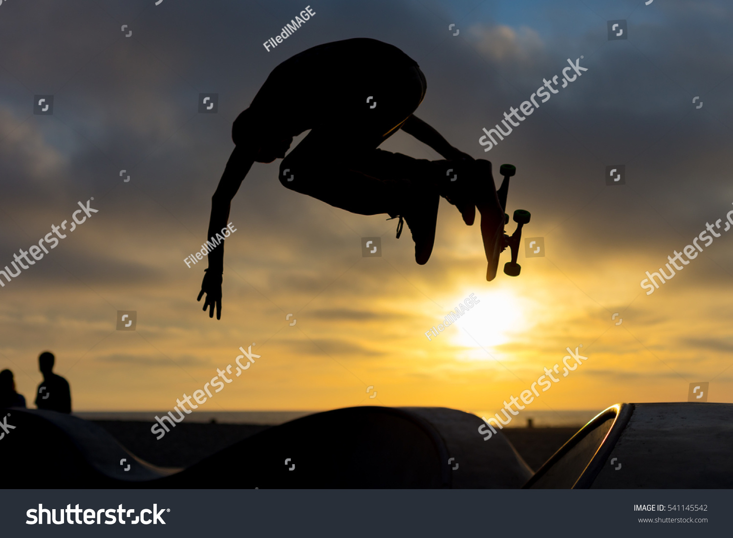 A skateboarder in action at Venice Beach Skate Park in Los Angeles  California  USA