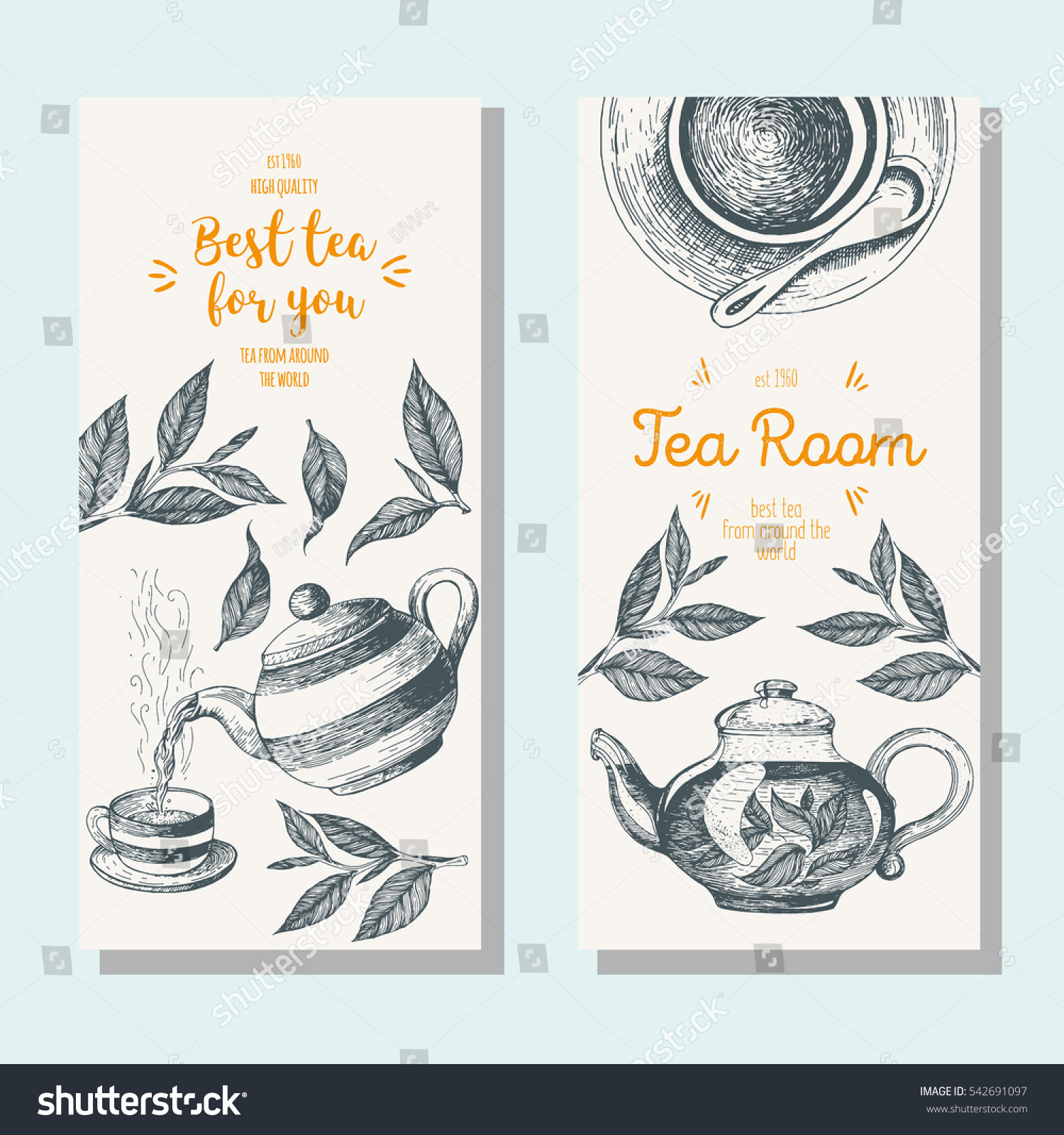 Tea shop banner set. Vertical flyer collection for tea design. Linear graphic. Vector illustration