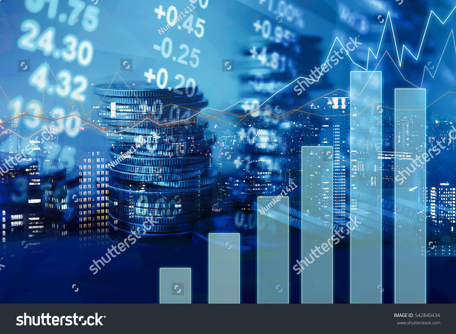 Double exposure of city  graph  stock display and money for finance and business concept