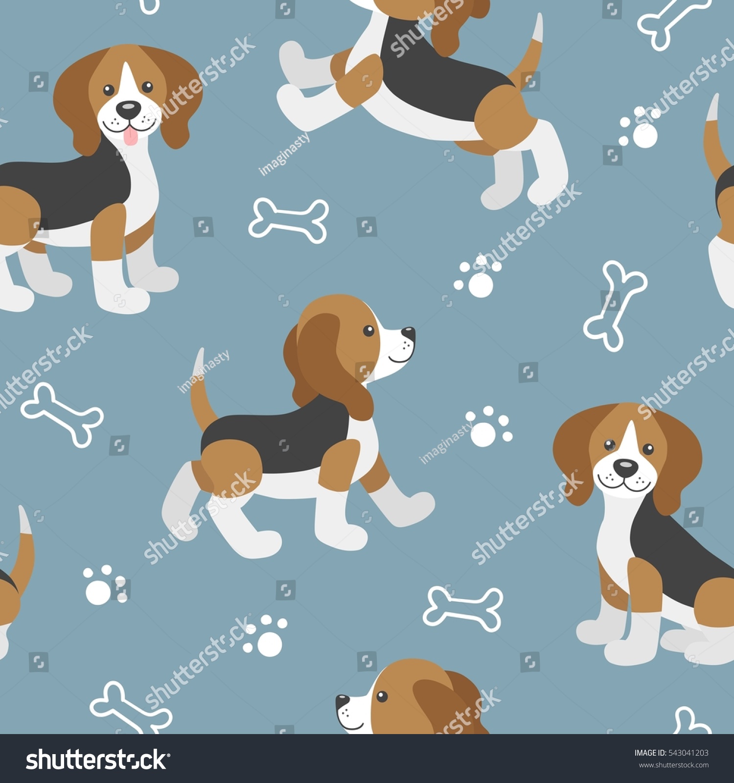 Vector seamless pattern with cute cartoon puppies. Beagle dog in different poses: walk  jump  sit  stand.