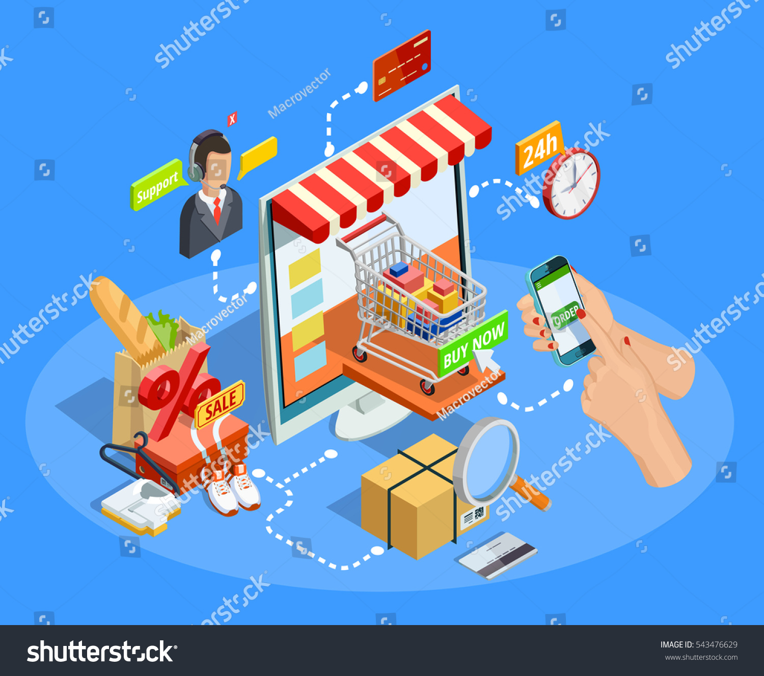 Online shopping with smartphone concept flowchart  isometric e-commerce poster with customer support chat service vector illustration 