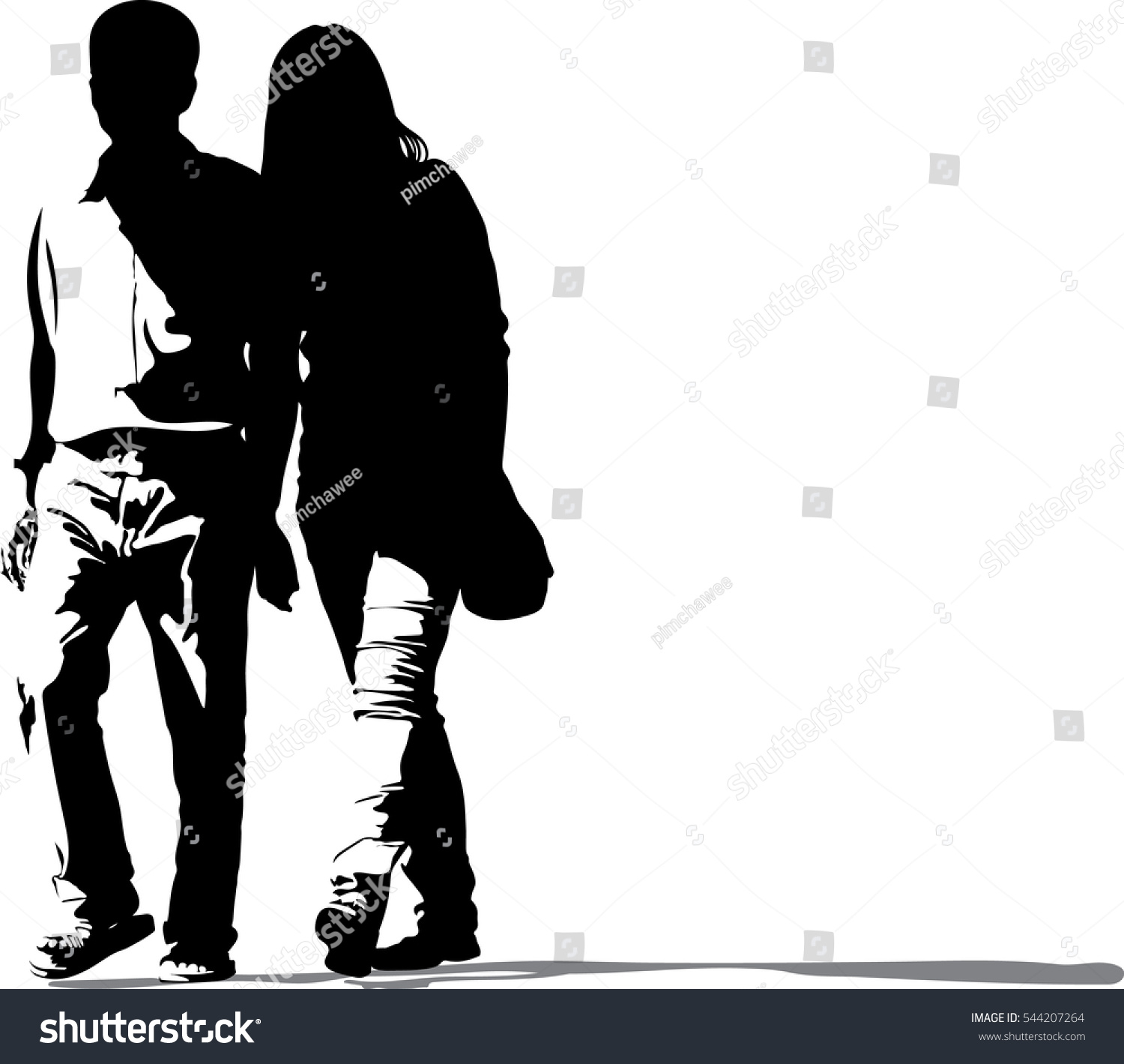 Vector silhouette of a couple on a white background  Romantic travel vacation. Joyful male and female couple lovers walking 
