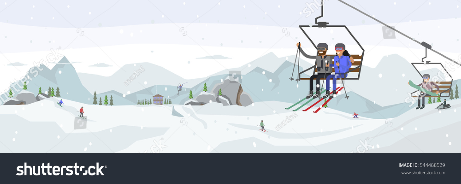 Ski resort. People rise to the ski lift elevator. Winter panorama
