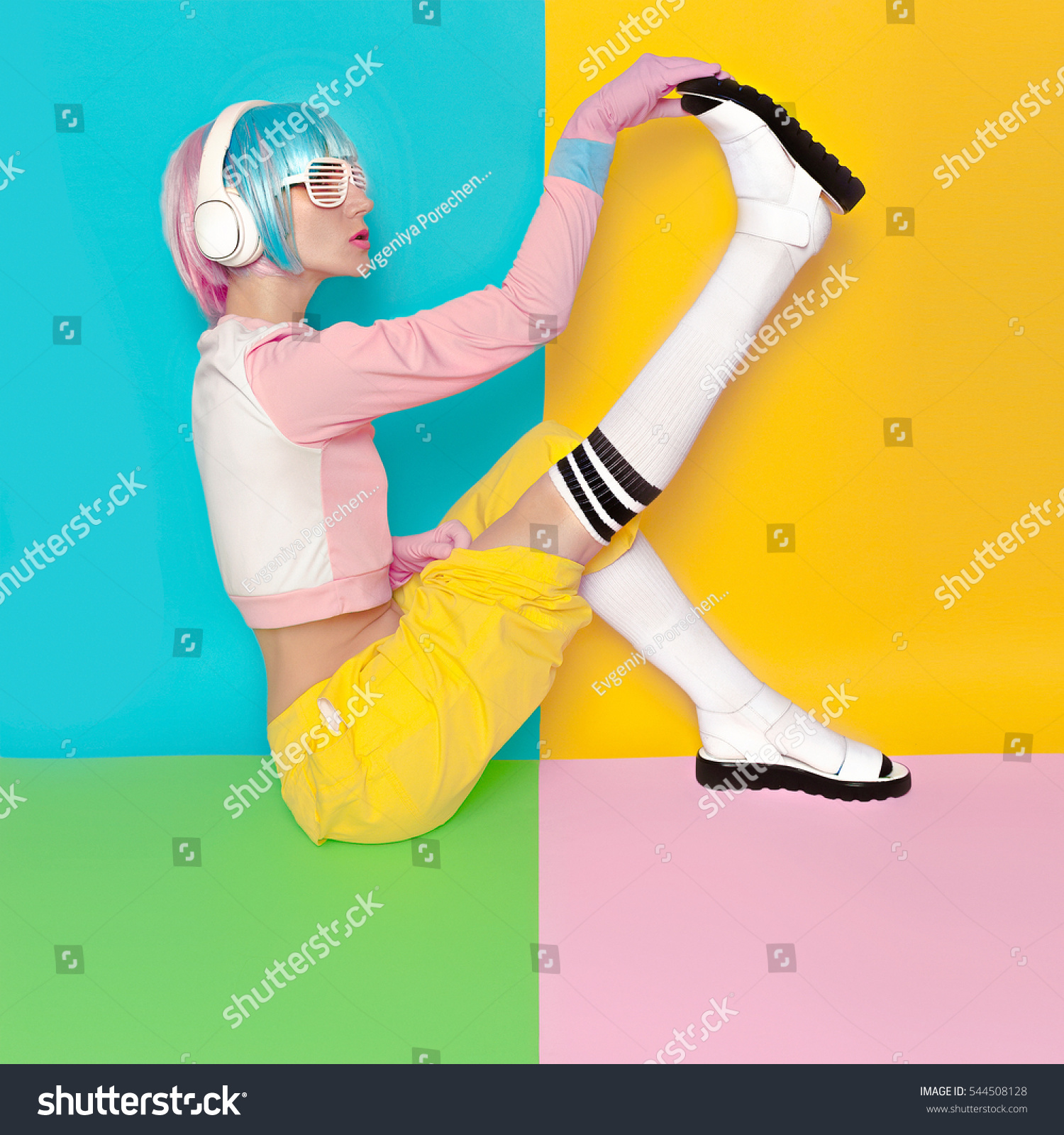 Fashion Fitness DJ Girl Creative pop art style. Minimal design fashion Sweet colors