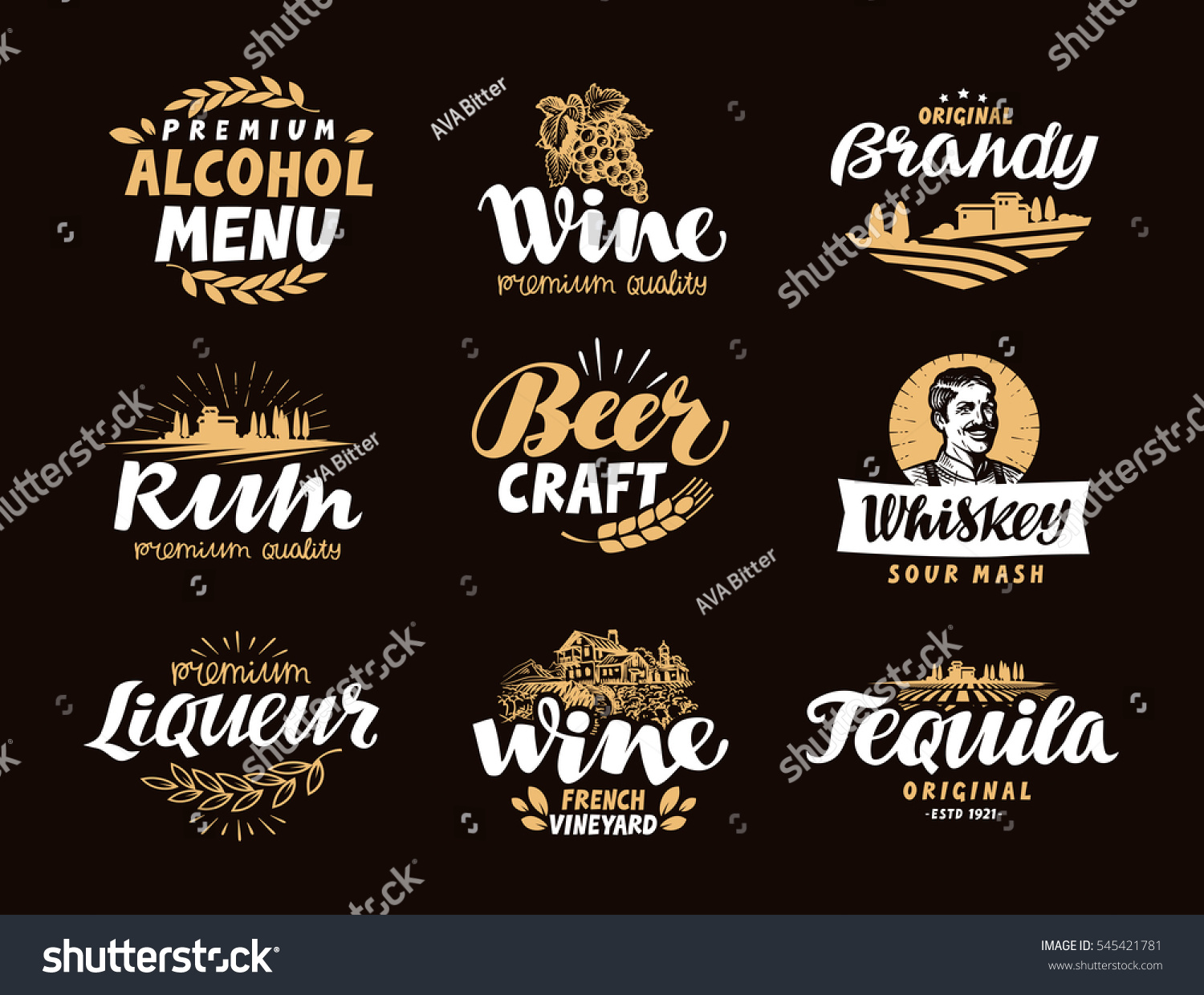 Menu bar  icons set. Labels of alcoholic drinks such as wine  brandy  rum  craft beer  whiskey  liqueur  tequila. Symbols  vector illustration