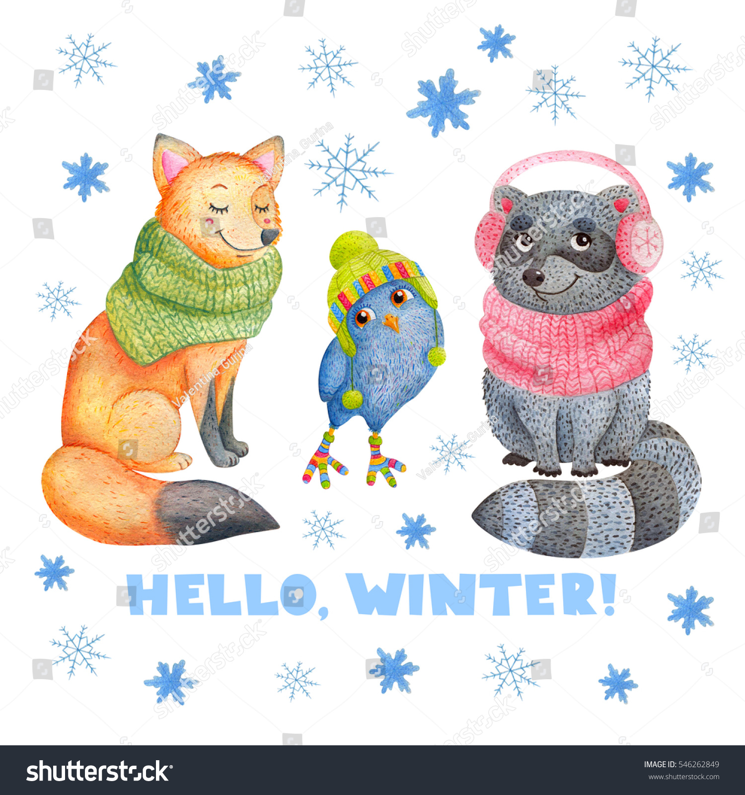 Cozy grey raccoon with owlet in the knitted cap and fox in scarf. Watercolor hand-drawn cute cartoon greeting card with quote "hello winter". Warm and happy holidays greetings.