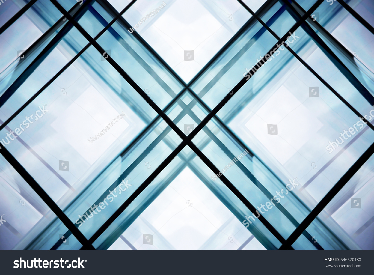 Double exposure of modular glass wall / ceiling. Transparent modern office building. Abstract contemporary architecture.  Interior fragment with sky within geometric structure.