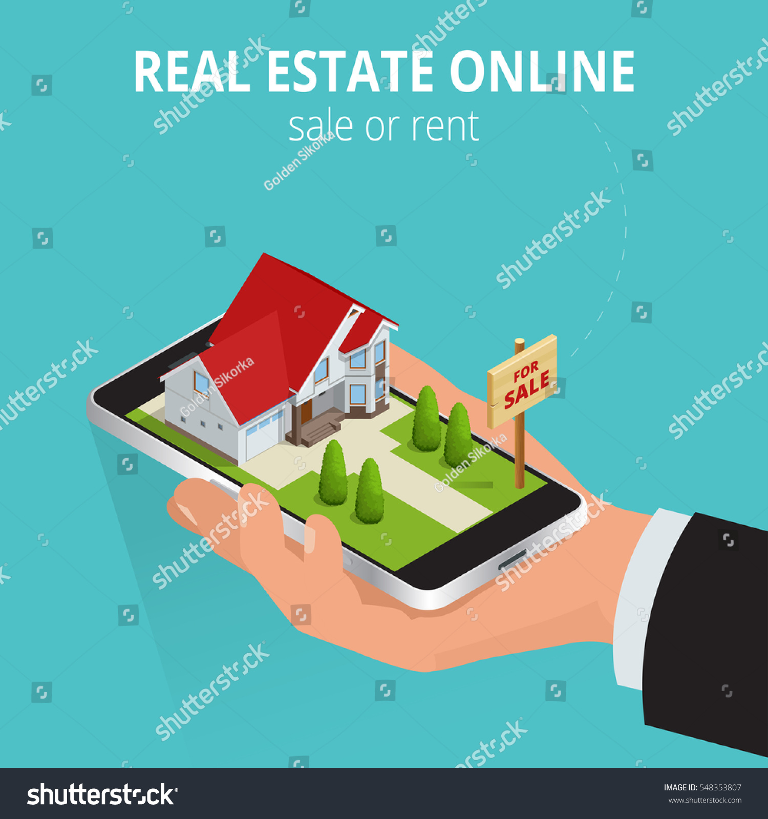 Real Estate online sale or rent concept. Mobile app template. 
Real estate booking app on smartphone screen. Vector isometric illustration.