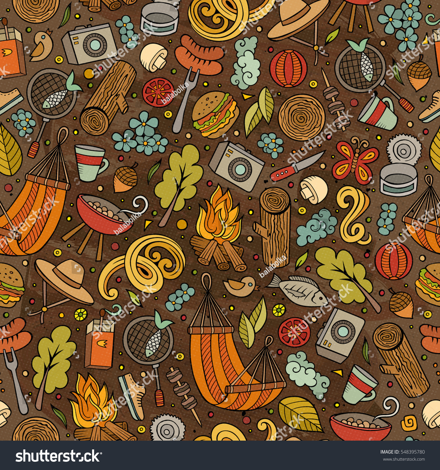 Cartoon cute hand drawn Picnic seamless pattern. Colorful detailed  with lots of objects background. Endless funny vector illustration