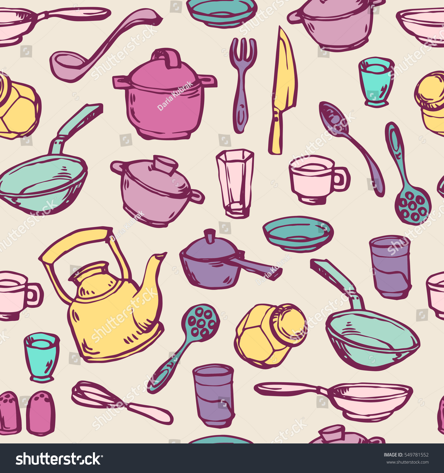 Seamless pattern background with kitchenware in soft pastel palette