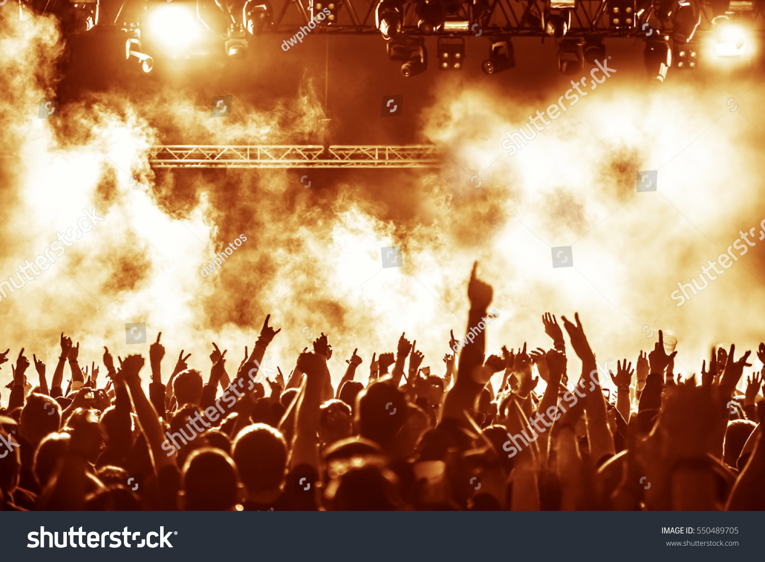 silhouettes of concert crowd in front of bright stage lights