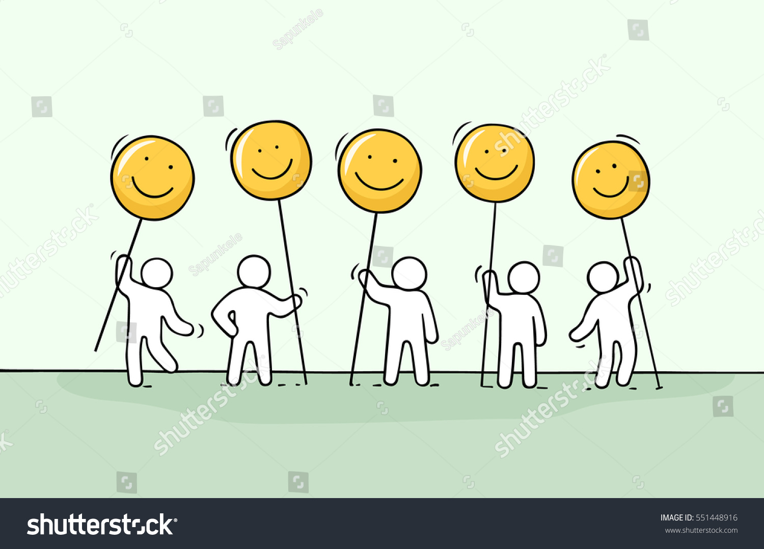 Crowd of little people with smile sings. Doodle cute miniature about communication. Hand drawn cartoon vector illustration for chat and web design.
