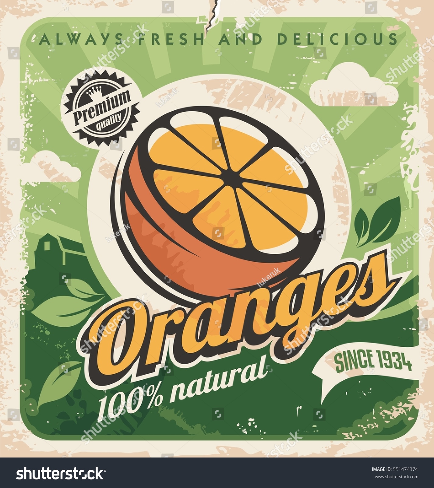 Vintage poster template for orange farm. Fruit retro label design. Vector old paper texture food background.