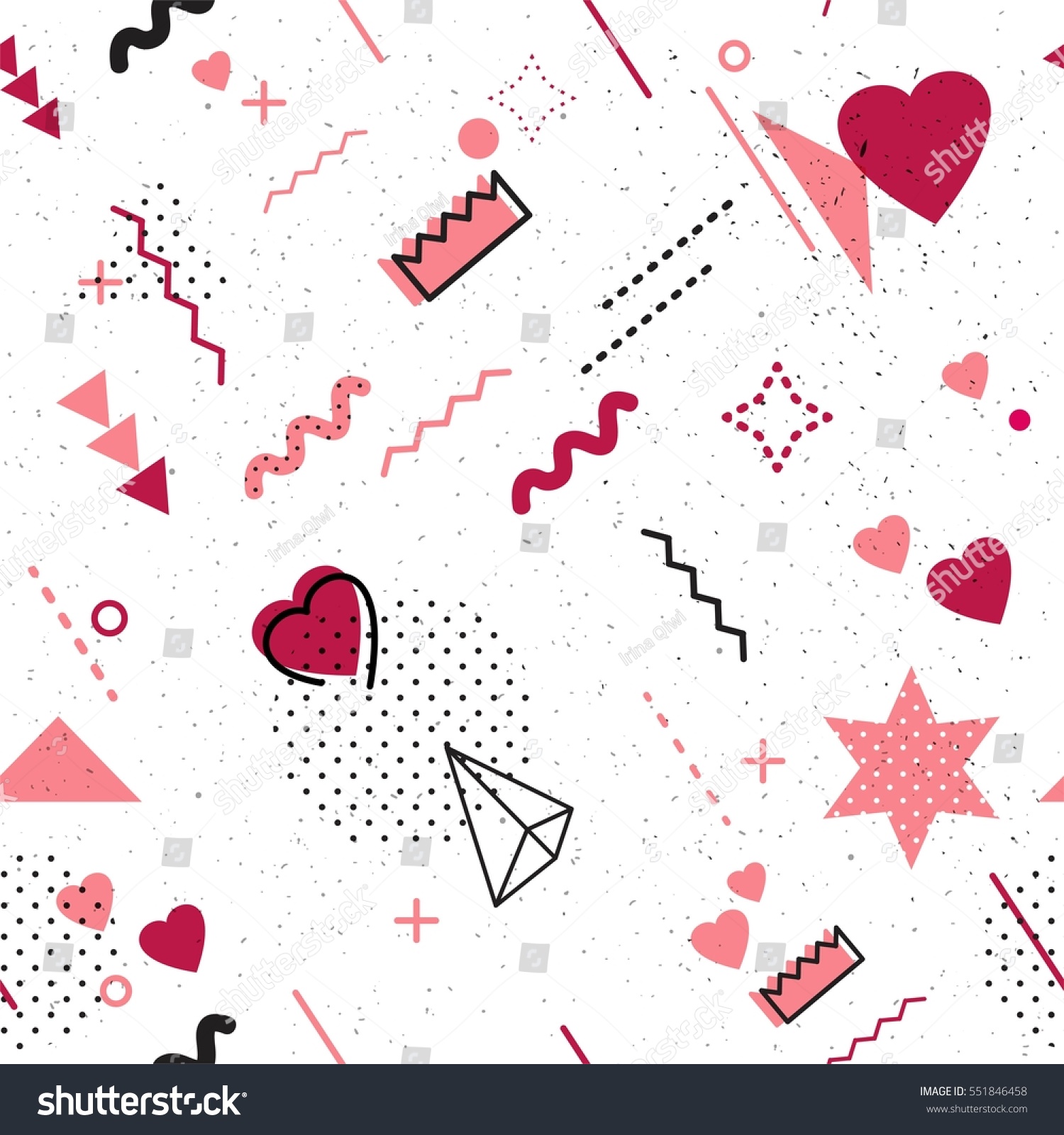 时尚的几何元素孟菲斯卡。情人节快乐庆祝活动的无缝孟菲斯图案 带有80年代复古的符号 90年代的孟菲斯风格。矢量图