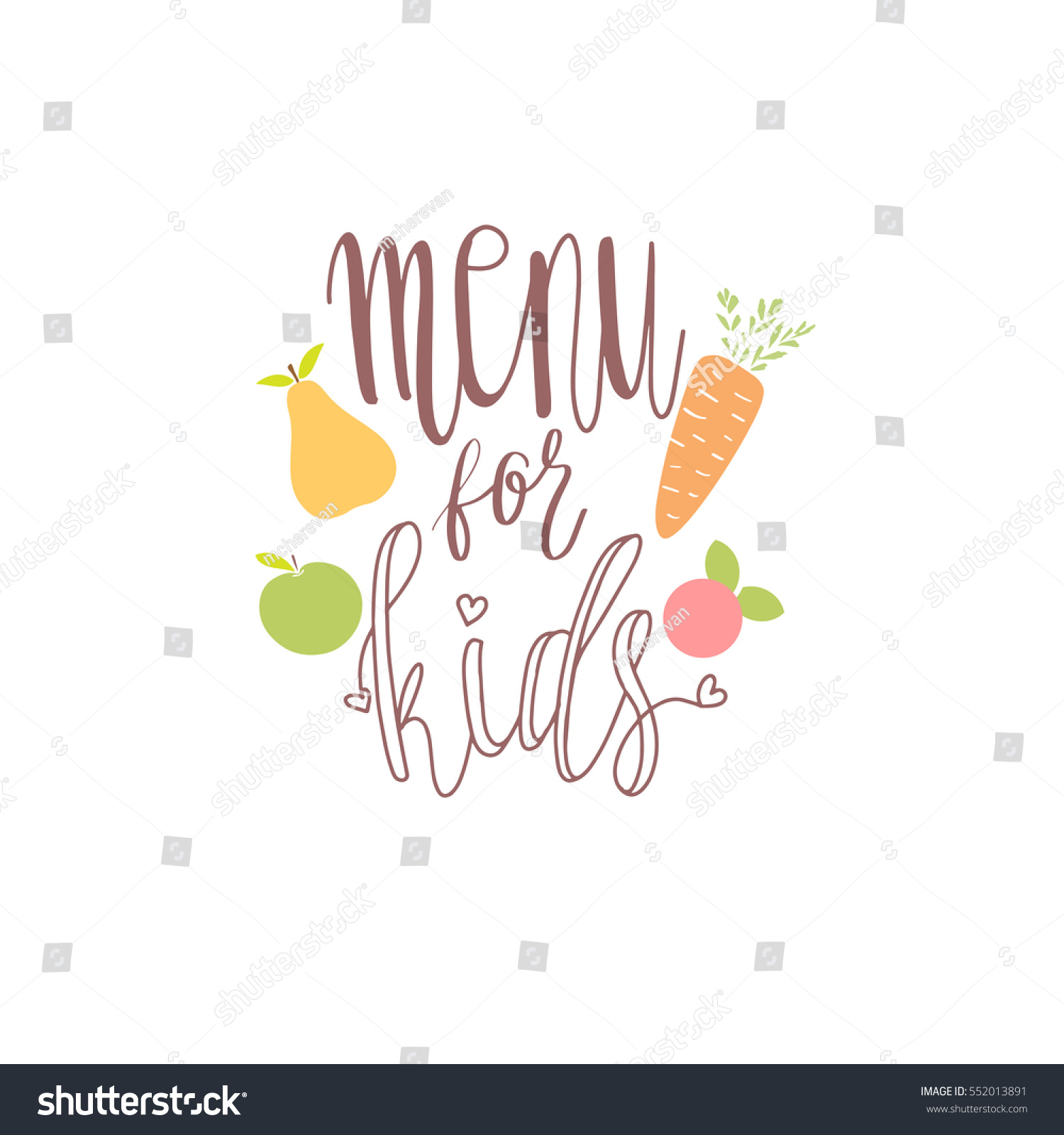 Kids menu logo design. Lettering text phrase with fruits and vegetables