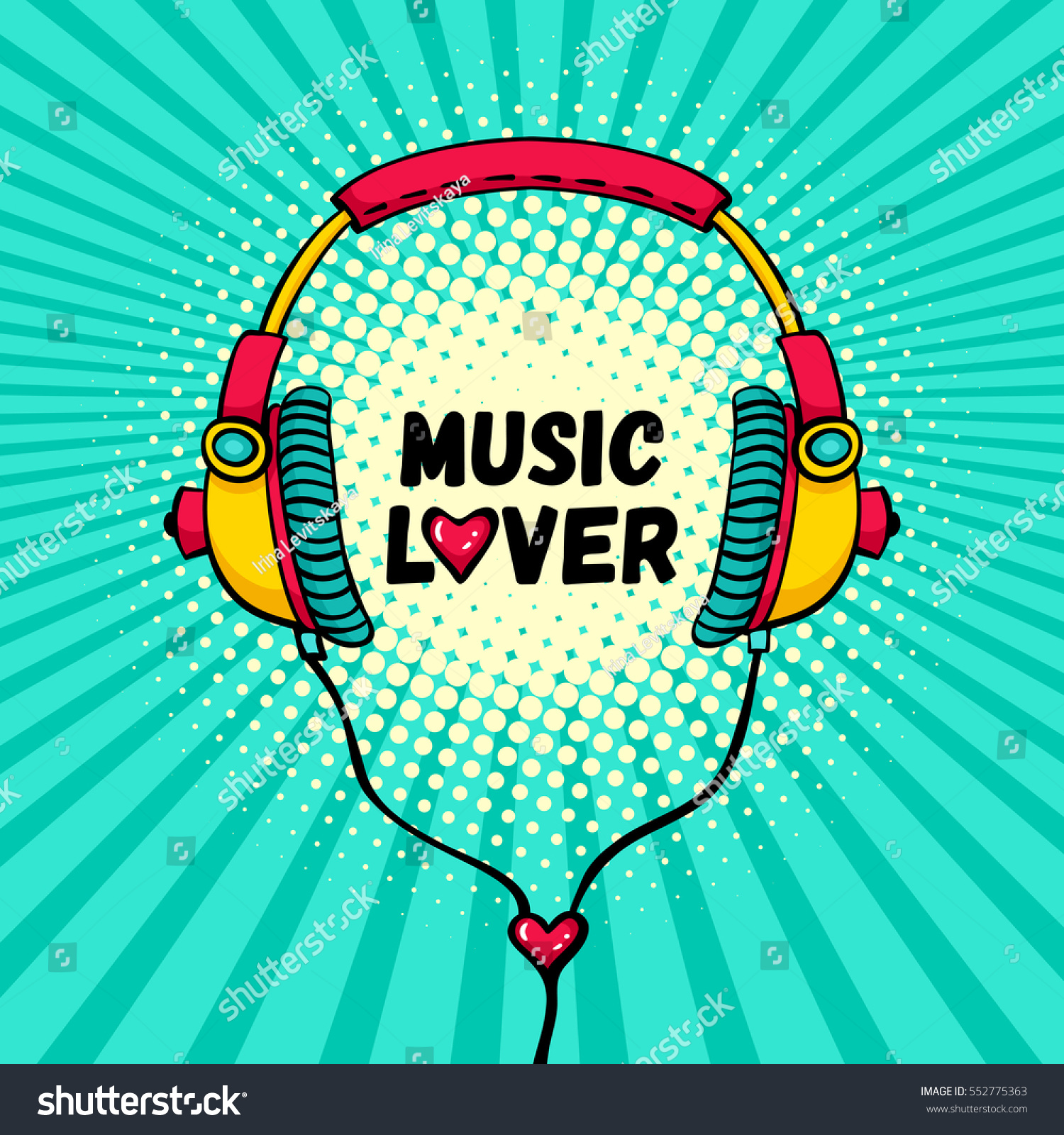 Hand drawn comic headphones with lettering Music Lover and heart instead of O. Vector colorful background in pop art retro comic style