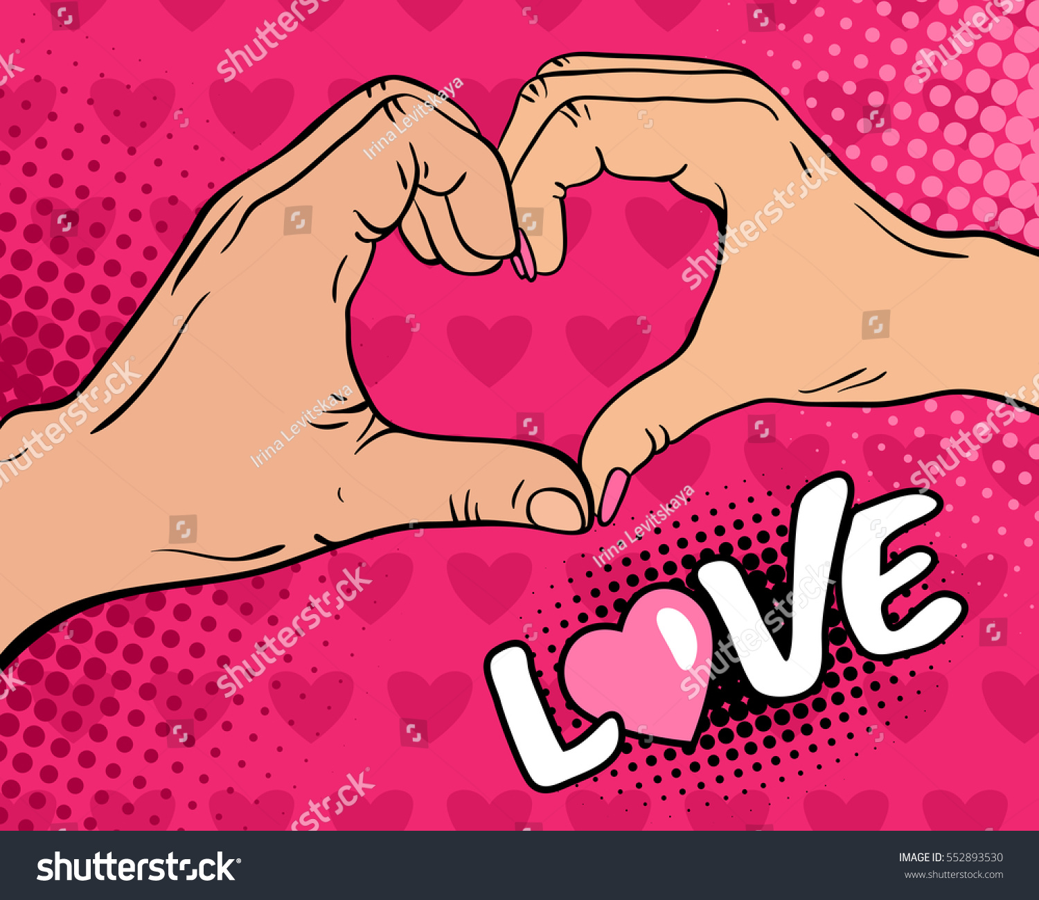 Love. Pop art background with female and male hands with heart sign. Vector colorful hand drawn illustration in retro comic style on pink hearts background.