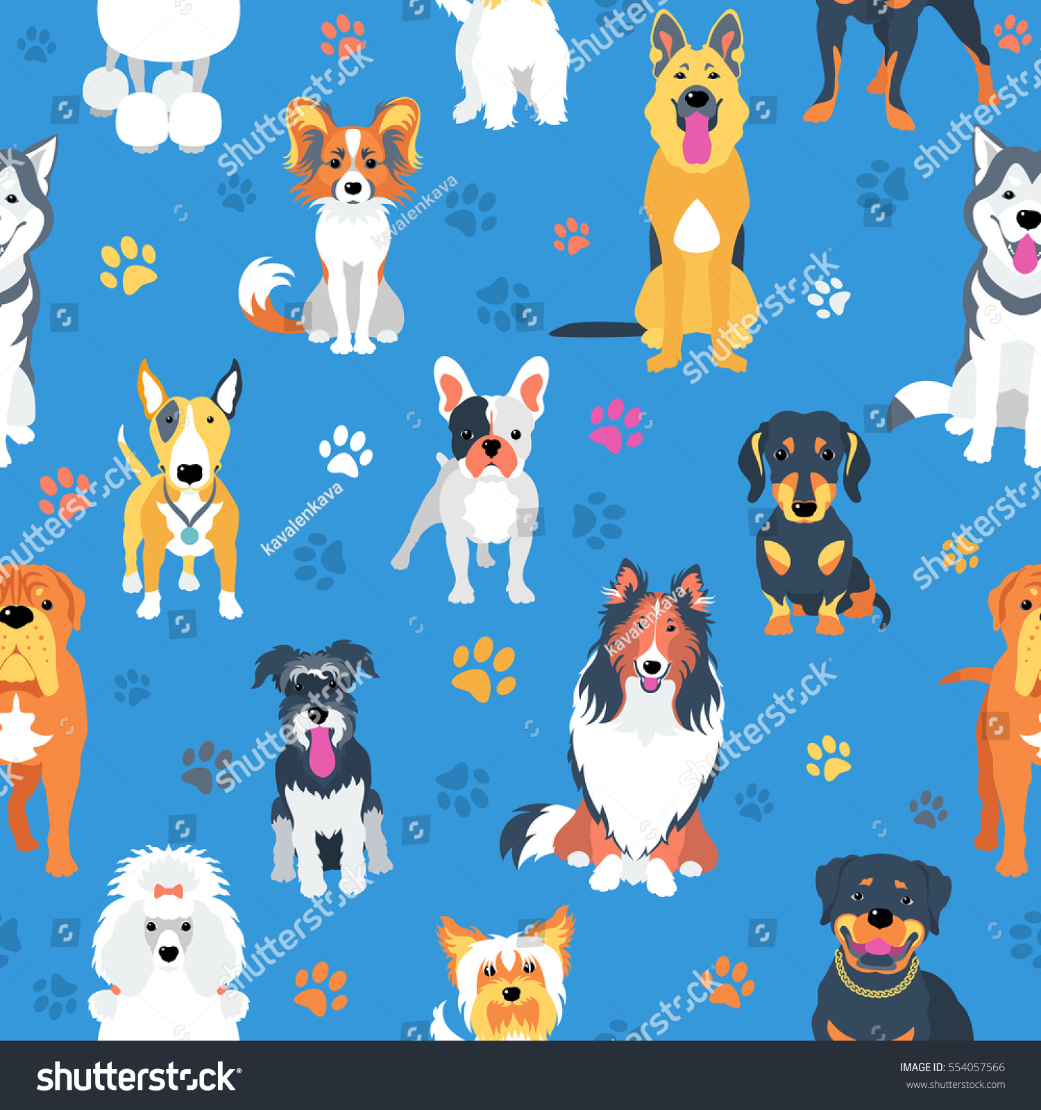 Vector seamless background with dogs flat design.