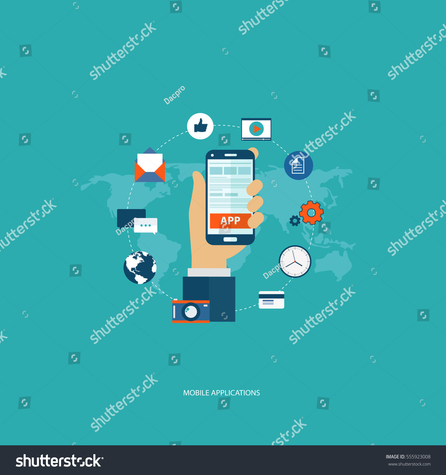 Mobile application concept. Hand holding the phone with icons around it. Flat vector illustration.