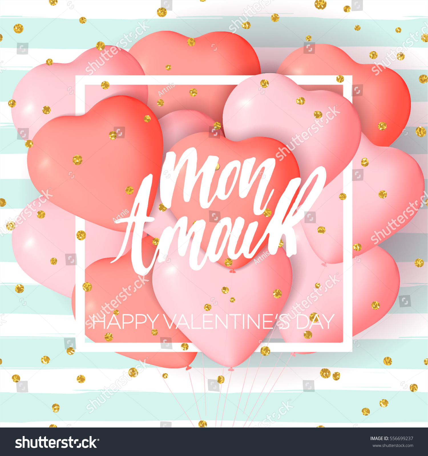 Happy Valentine's day card template with cute and fancy pink  red heart balloons with lettering. It may be used for background  poster  advertising  sale  postcard  e-card. Vector illustration