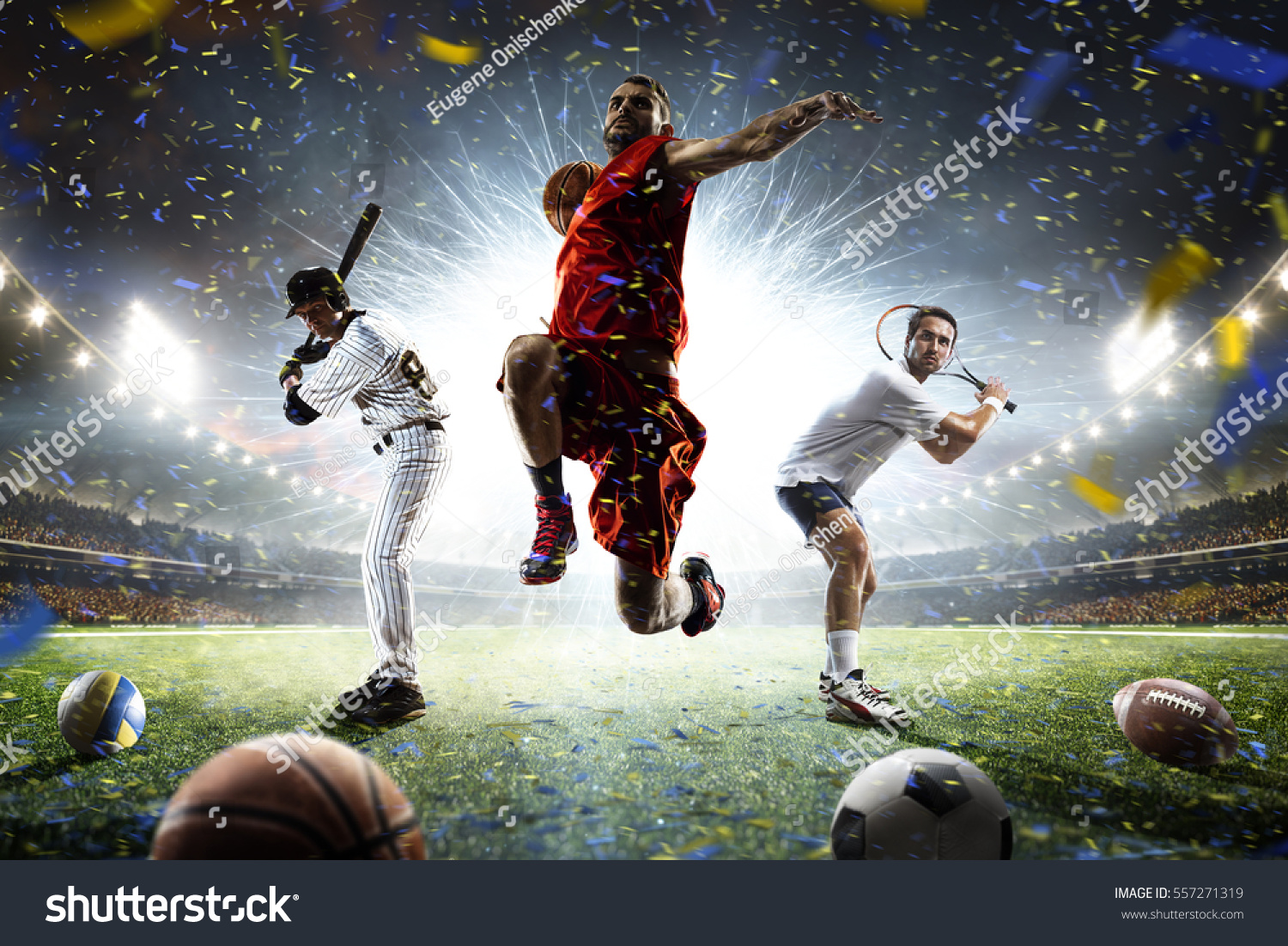 Multi sports players in action collage on grand arena