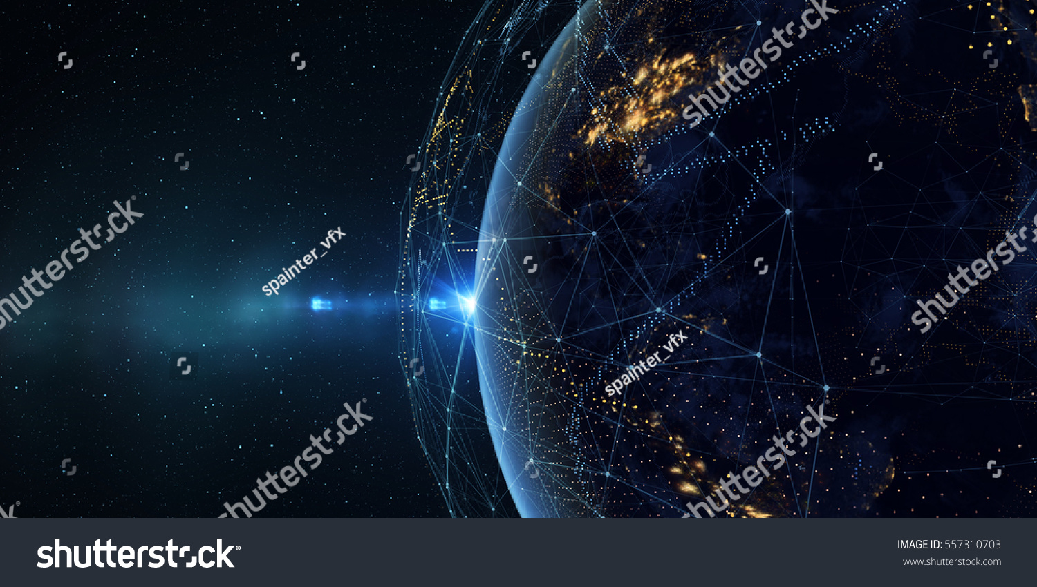 地球周围的连接线 主题背景具有光效果。 NASA提供的图像的某些元素。 3D插图/全球国际连接背景。 3D插图