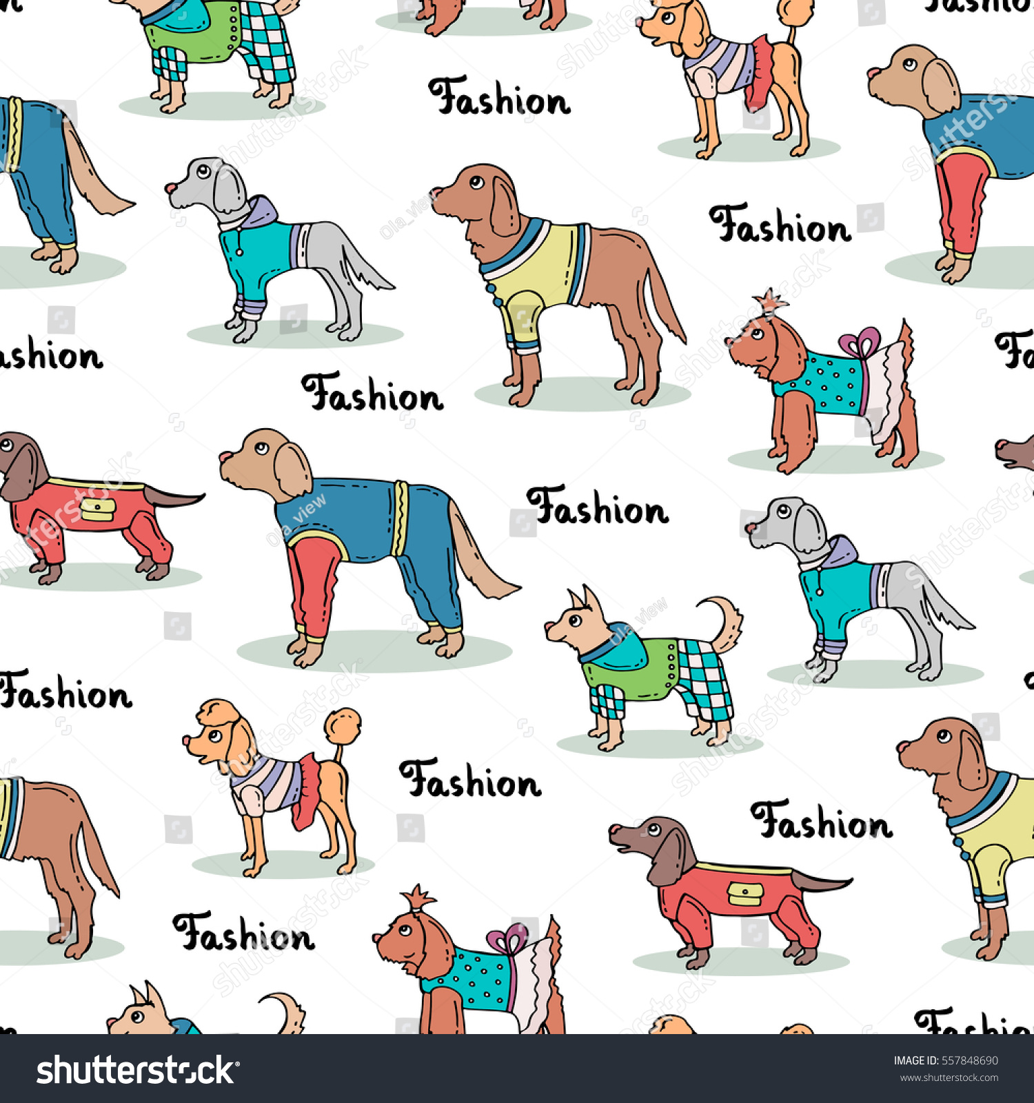 Vector seamless pattern with hand drawn colored dogs. Pattern on the theme of fashion  clothes for dogs. Background for use in design  packing  web site  fabric