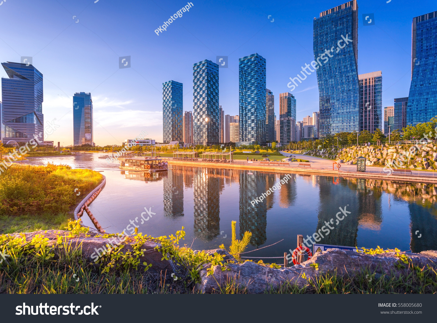 Seoul city with Beautiful after sunset  Central park in Songdo International Business District  Incheon South Korea.