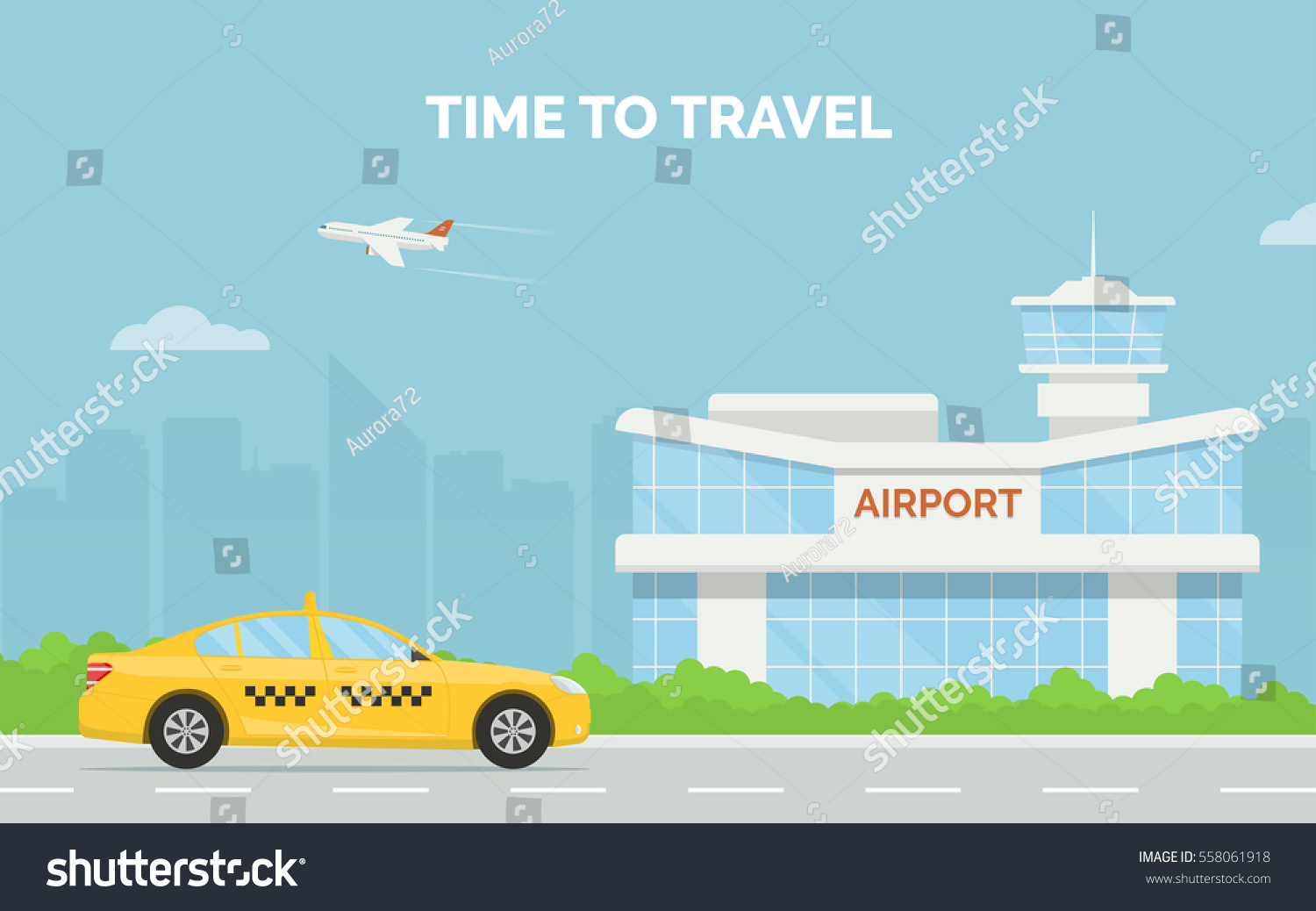 Horizontal cartoon banner with airport terminal taxi car and a plane taking off in the background a city skyline. Vector flat design illustration of modern airport building and taxi service transfer
