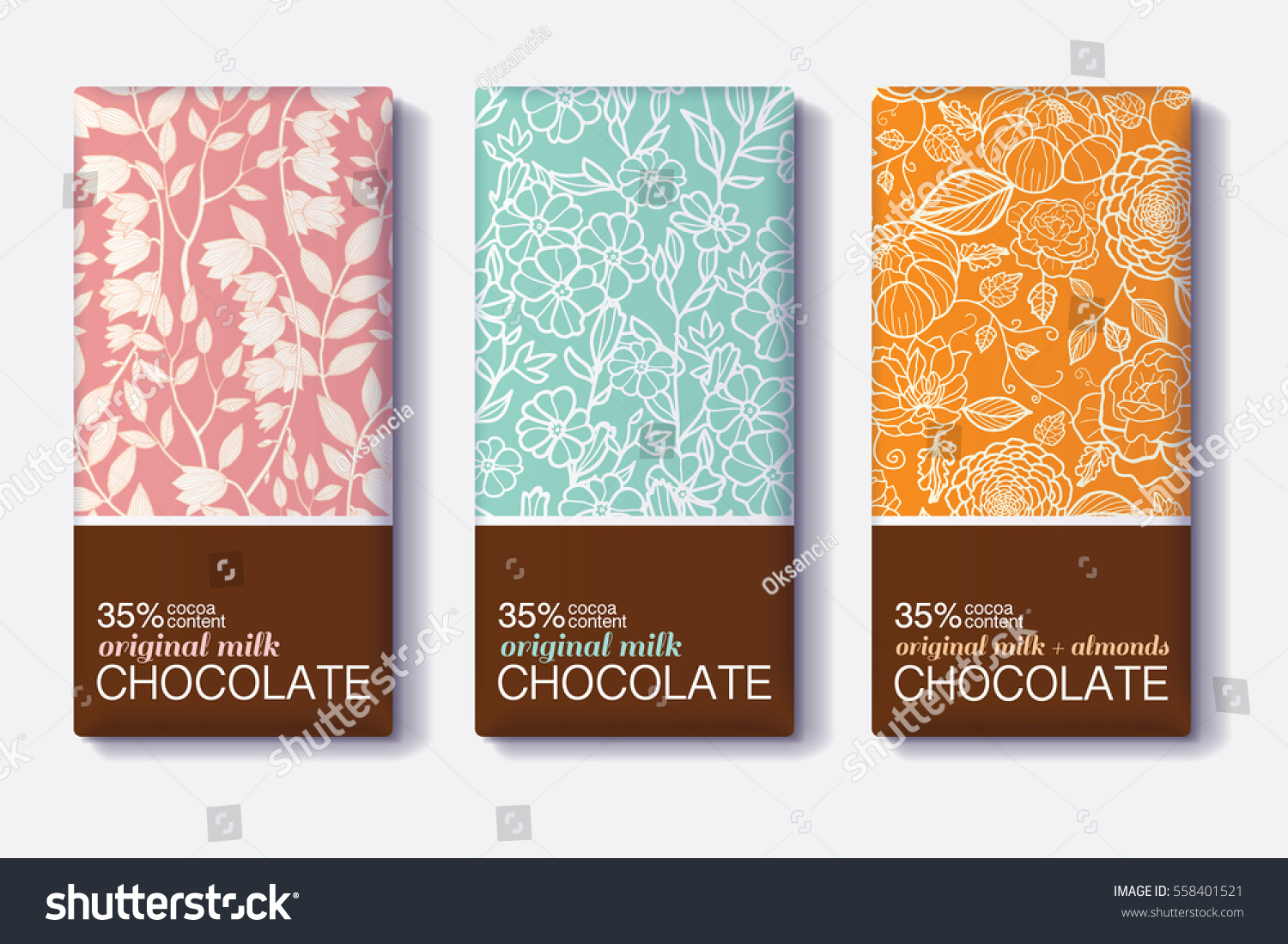 Vector Set Of Chocolate Bar Package Designs With Vintage Floral Patterns. Milk  Dark  Almond. Editable Packaging Template Collection.