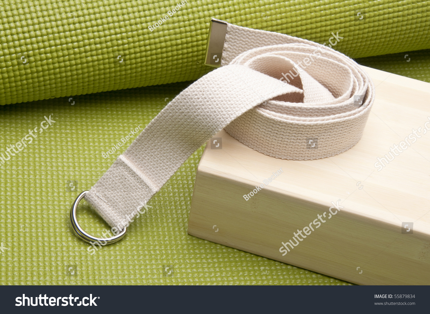Yoga Practice Equipment : Mat  Strap and Bamboo Block.