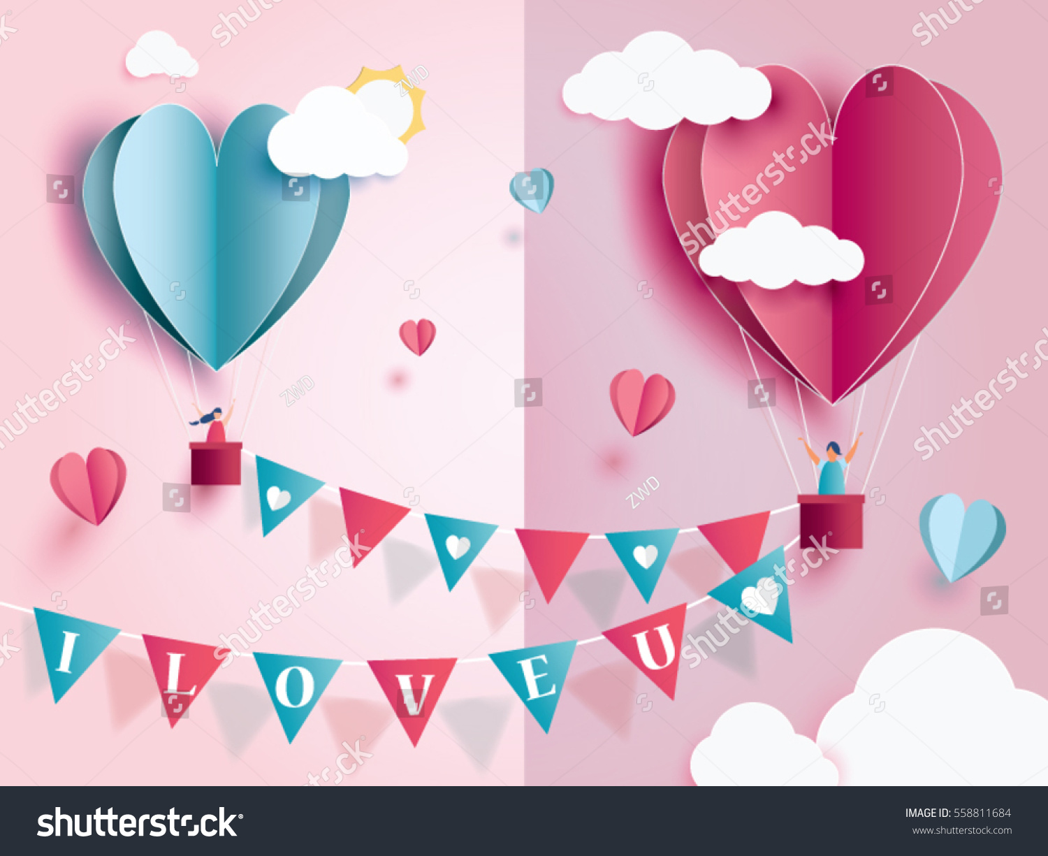 love for Valentine's day. and young joyful couple in pink balloons heart on pink background with text love and mini heart. design for valentine's festival .Vector illustration.paper craft style.