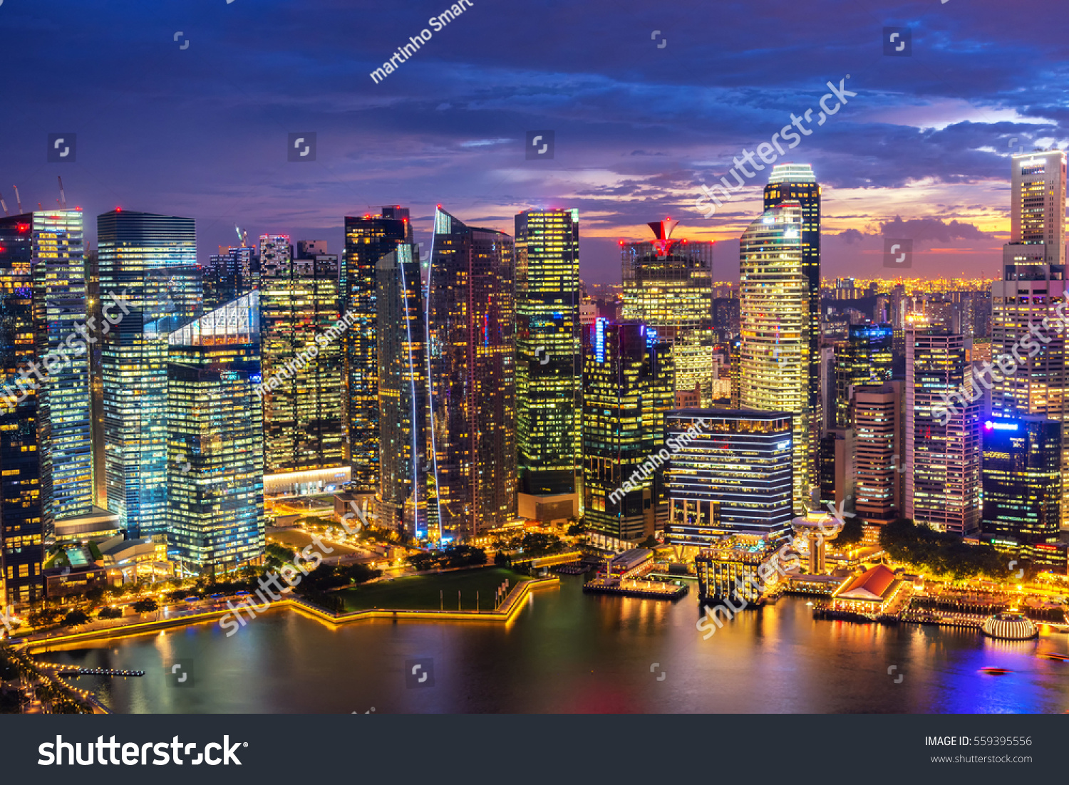 Singapore Skyline. Singapore`s business district  blue sky and night view for marina bay