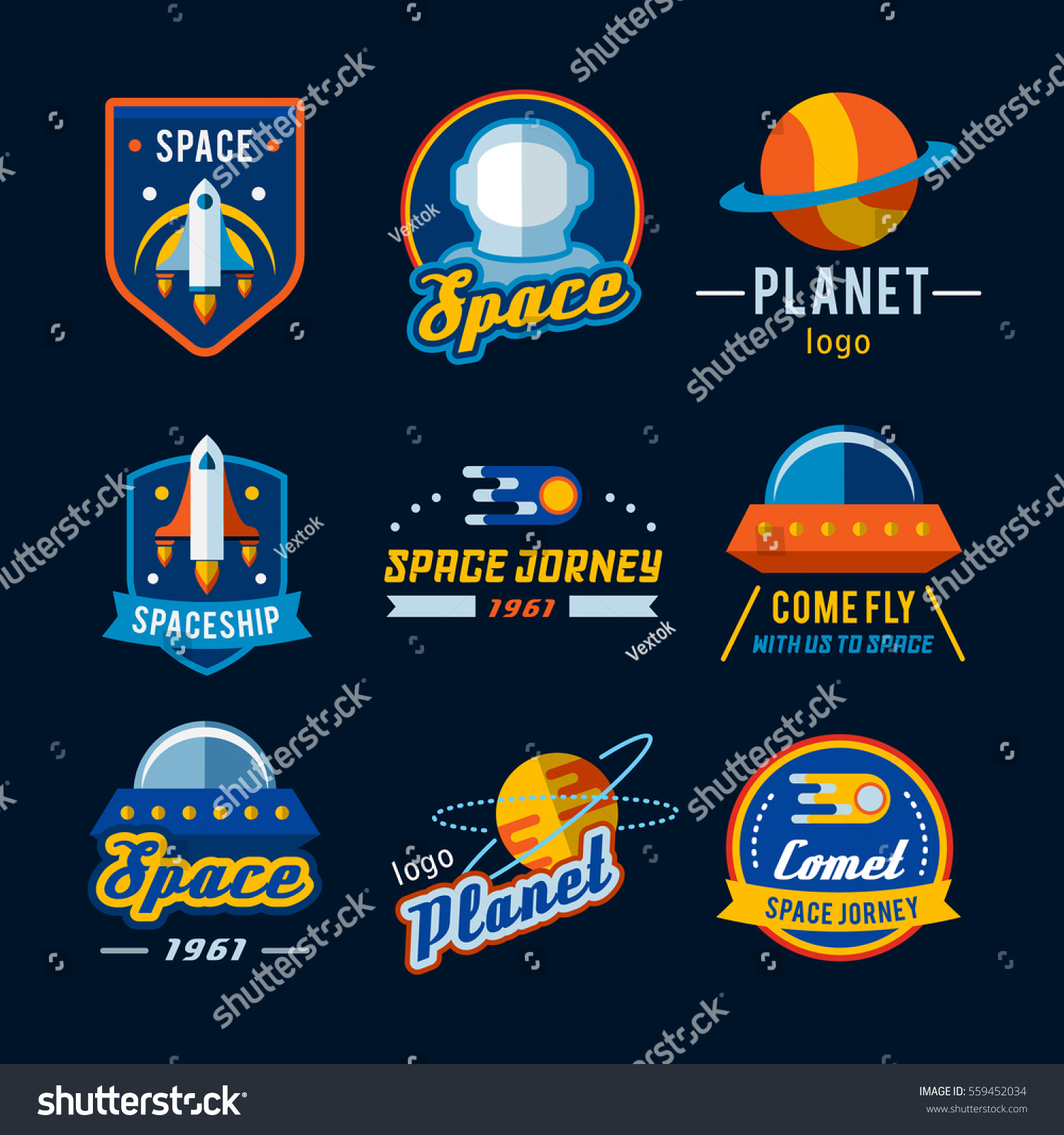 Vintage space and astronaut badges or labels set.
