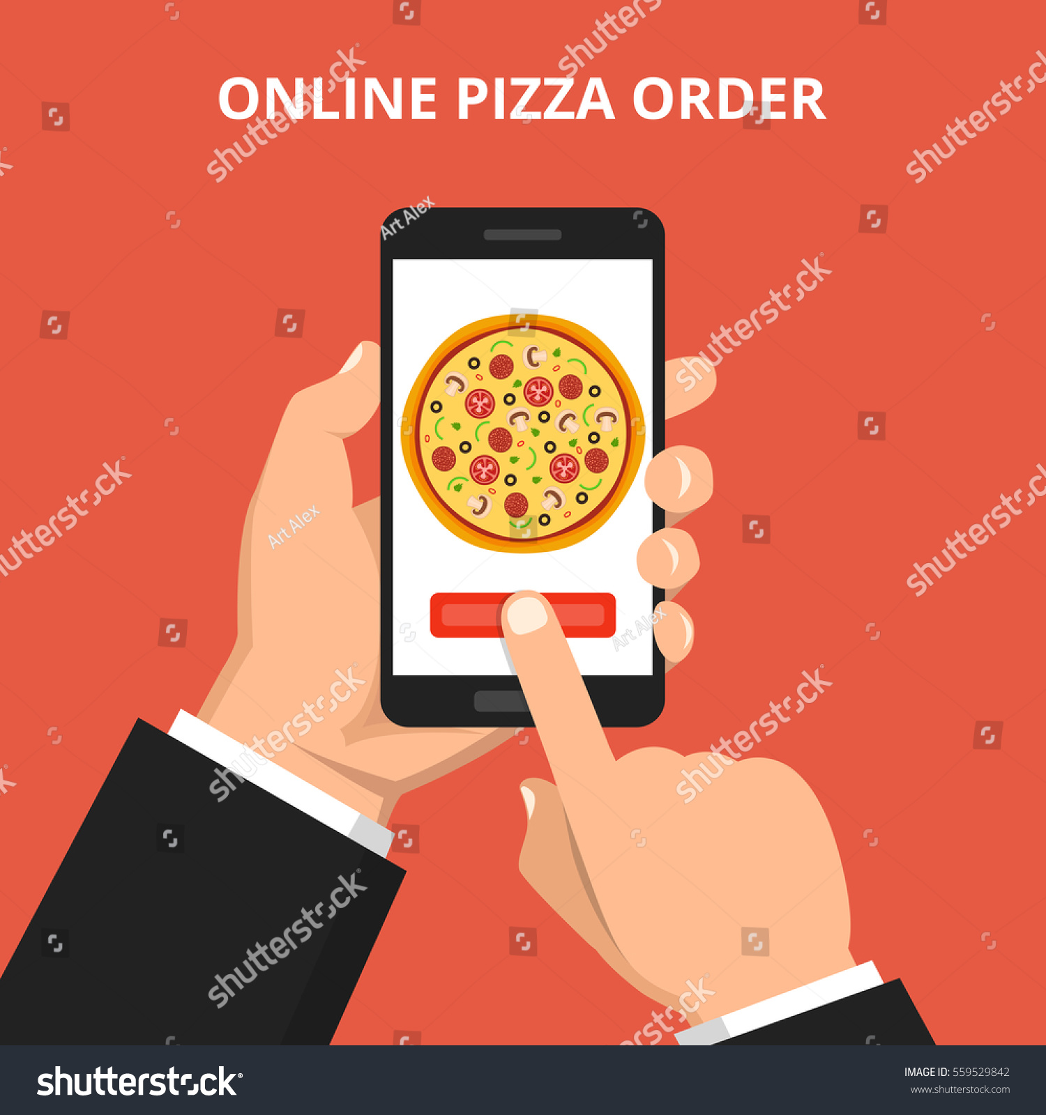 Online order pizza. Hand holding smartphone with pizza on the screen. Order fast food concept. Flat vector illustration.
