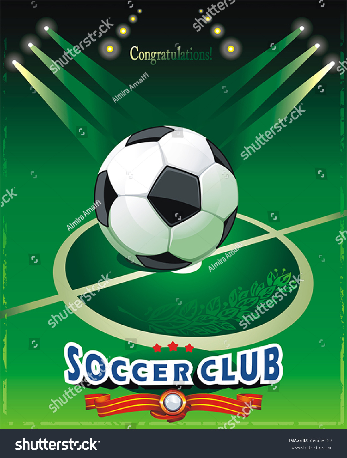 Vector illustration of Soccer ball on green stadium  arena illuminated spotlights. Abstract poster for sport design with place for your text  eps8