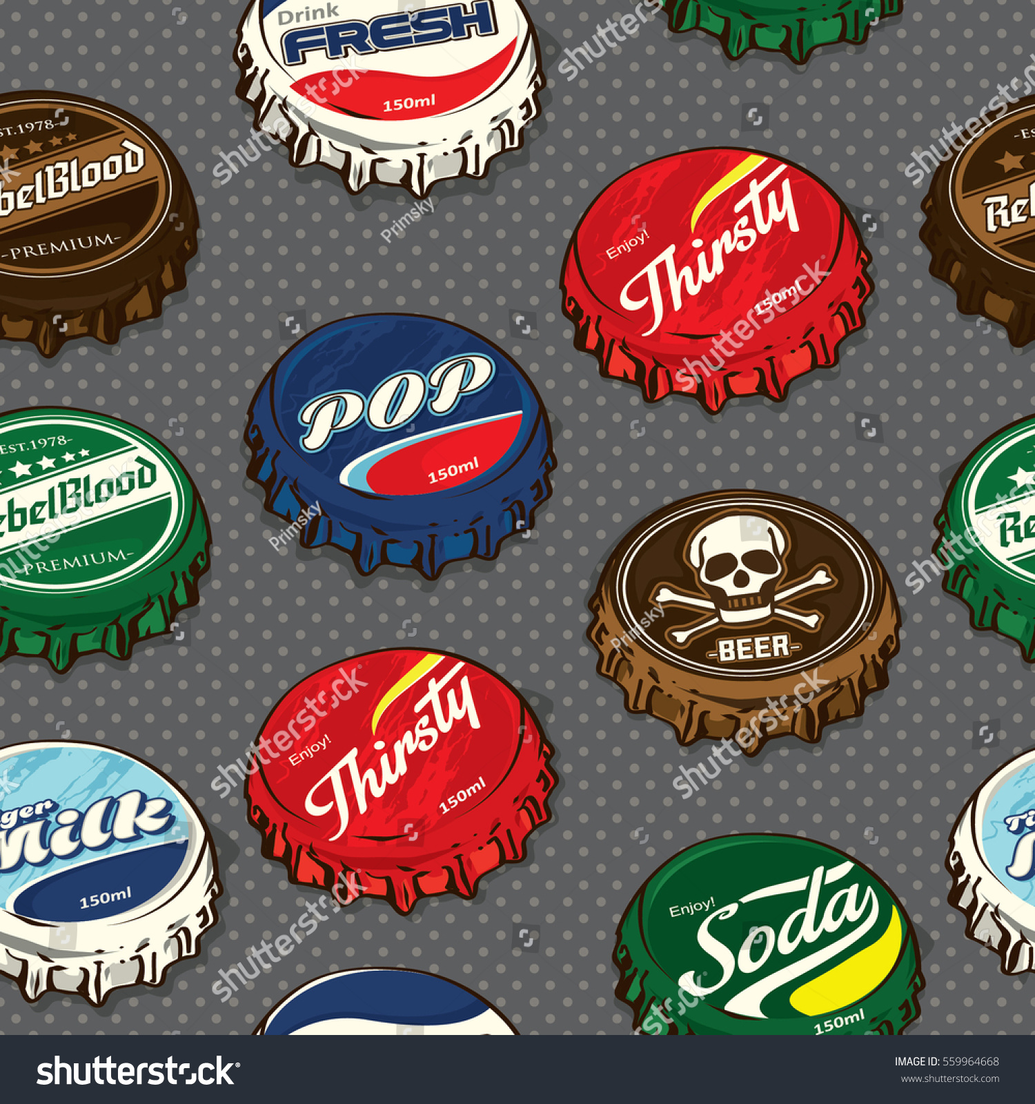 Seamless Retro / Classic Popular Bottle Caps Background Pattern in Vector 