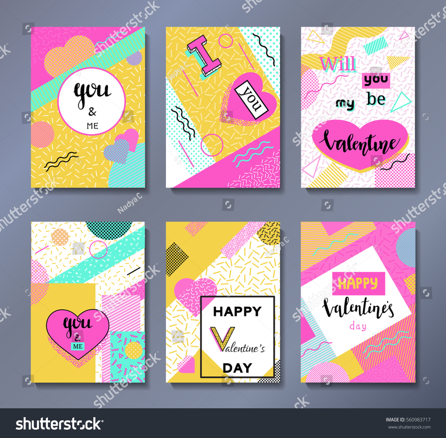 Valentine's day greeting cards set in trendy 80s-90s memphis style with geometric patterns