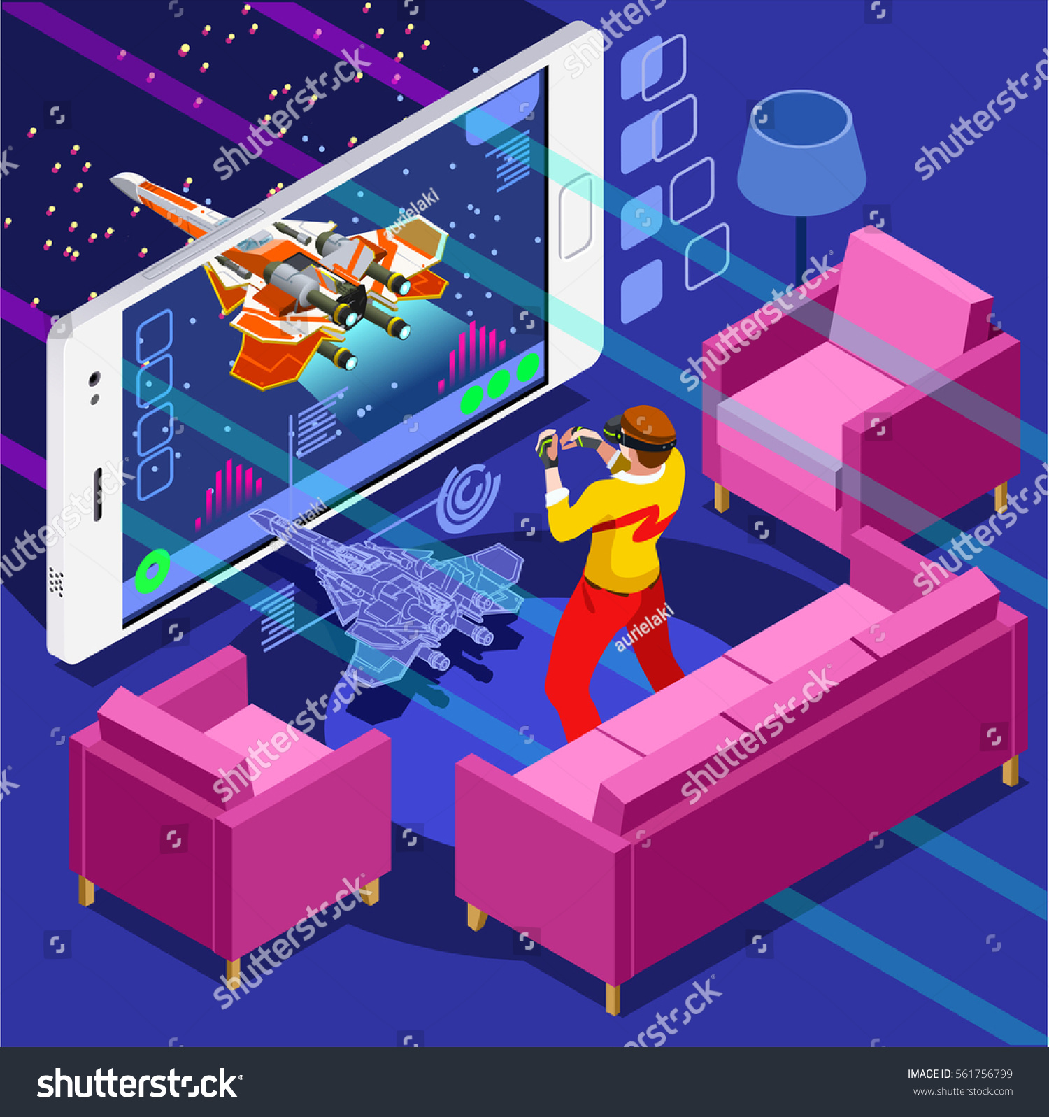 Video game screen & gamer person playing online console controller on android phone computer. 3D Isometric People game icon set. Creative background design development vector wallpaper illustration