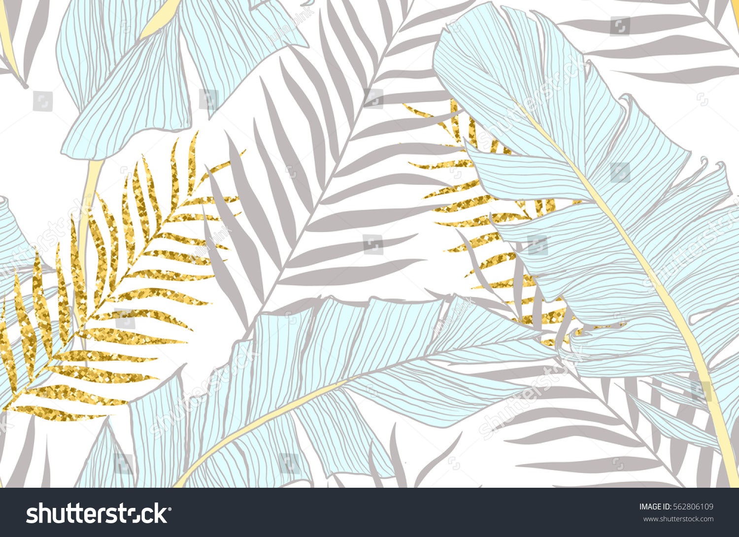 Seamless pattern with banana and golden palm leaves in vector