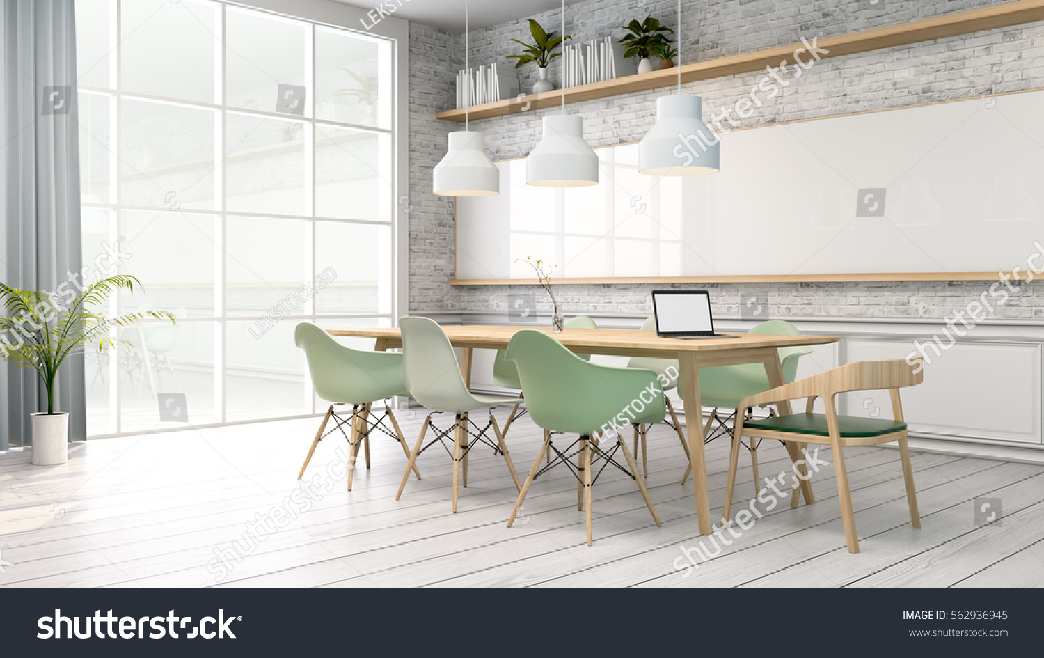 Minimalist interior meeting room White room with green chair and wood table Scandinavian style. 3D render
