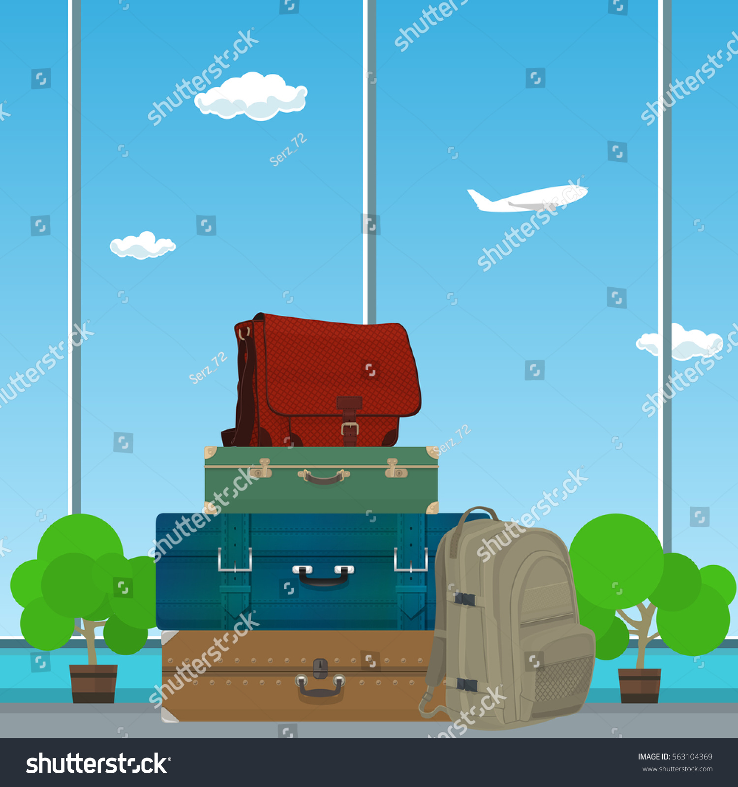 Retro Colored Suitcases and Bag against the Window in the Waiting Room at the Airport   Luggage Bags for Traveling  Travel and Tourism Concept   Vector Illustration 